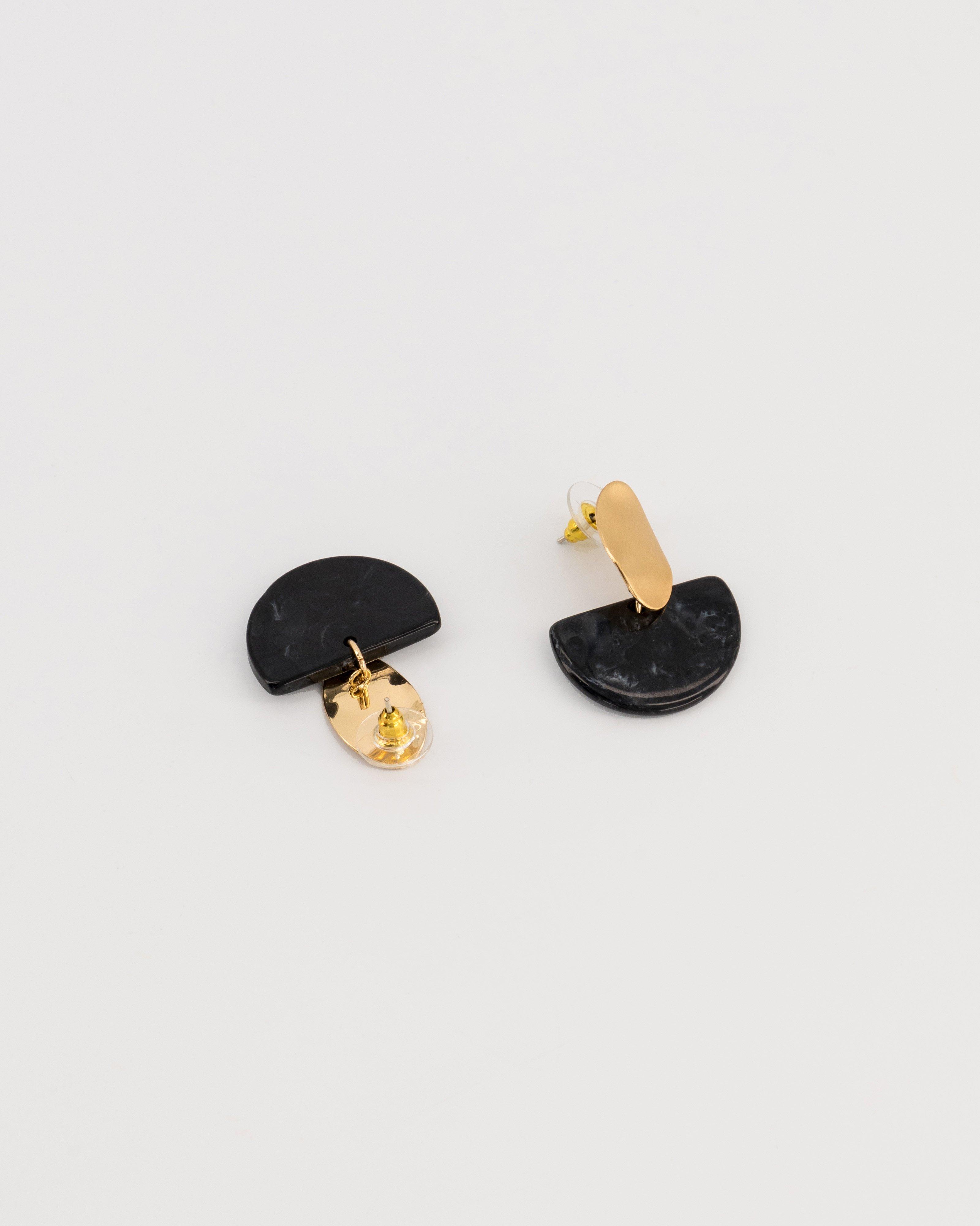 Oval Disk and Half Moon Resin Double Drop Earrings -  Black