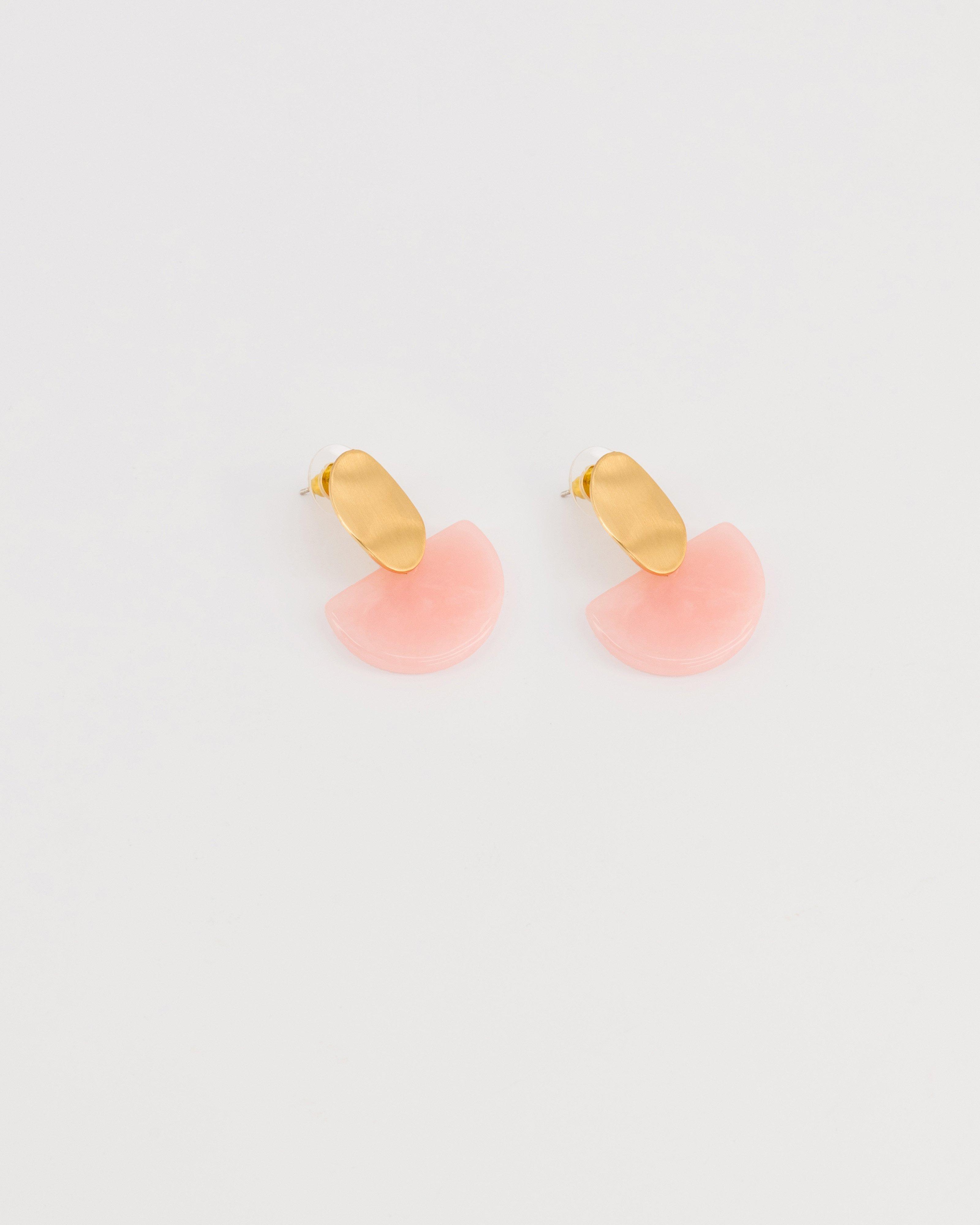 Oval Disk and Half Moon Resin Double Drop Earrings -  Pink