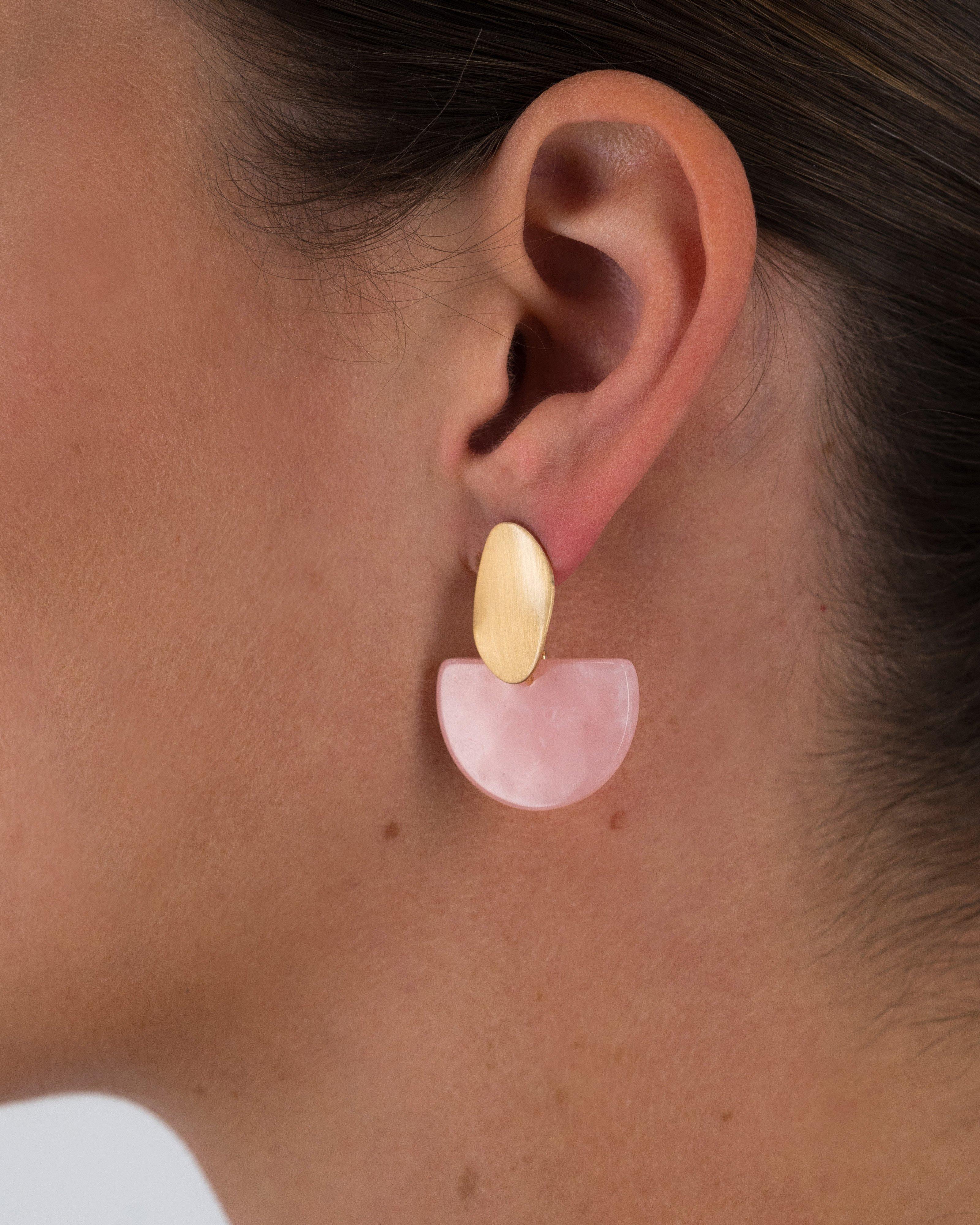 Oval Disk and Half Moon Resin Double Drop Earrings -  Pink