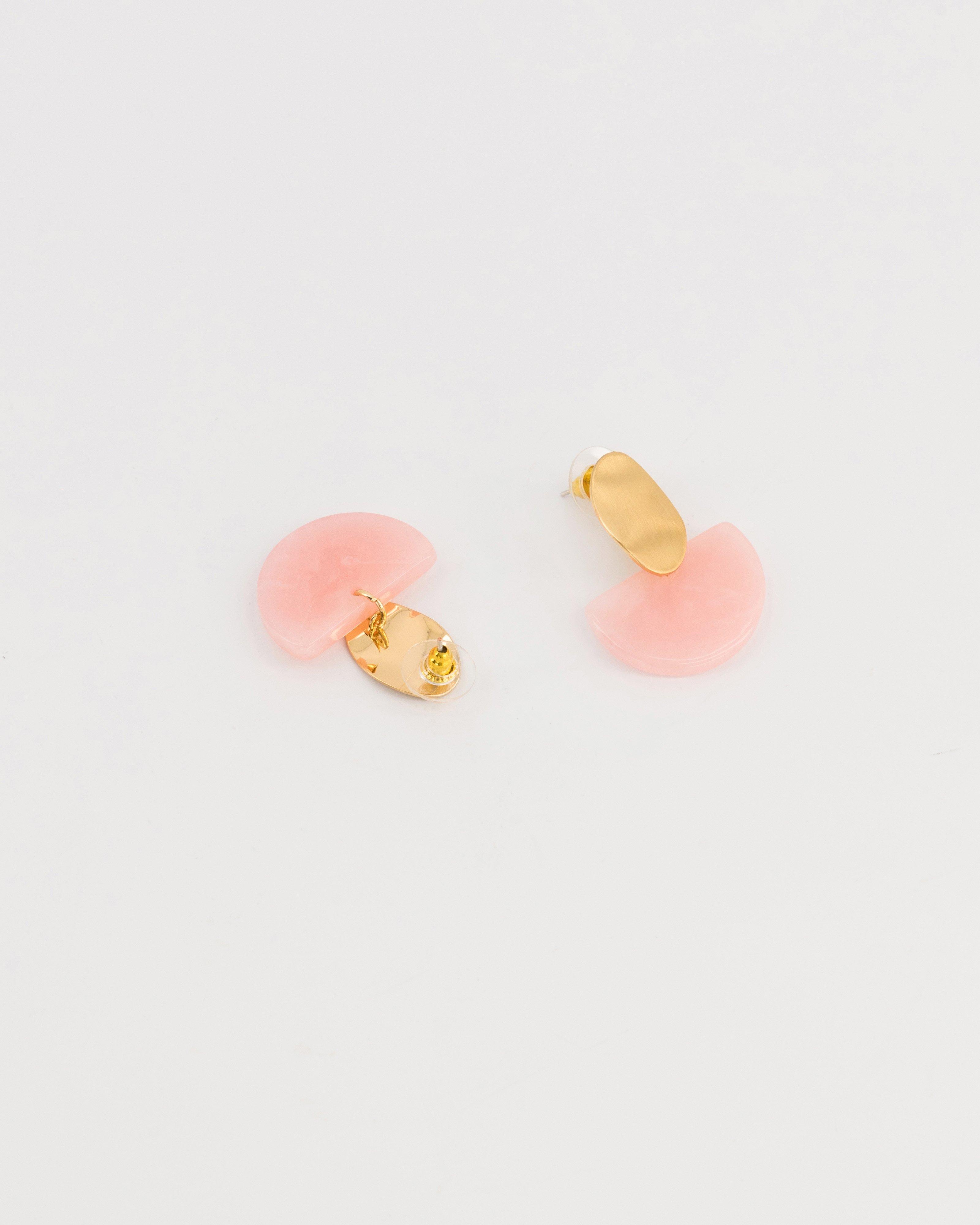 Oval Disk and Half Moon Resin Double Drop Earrings -  Pink