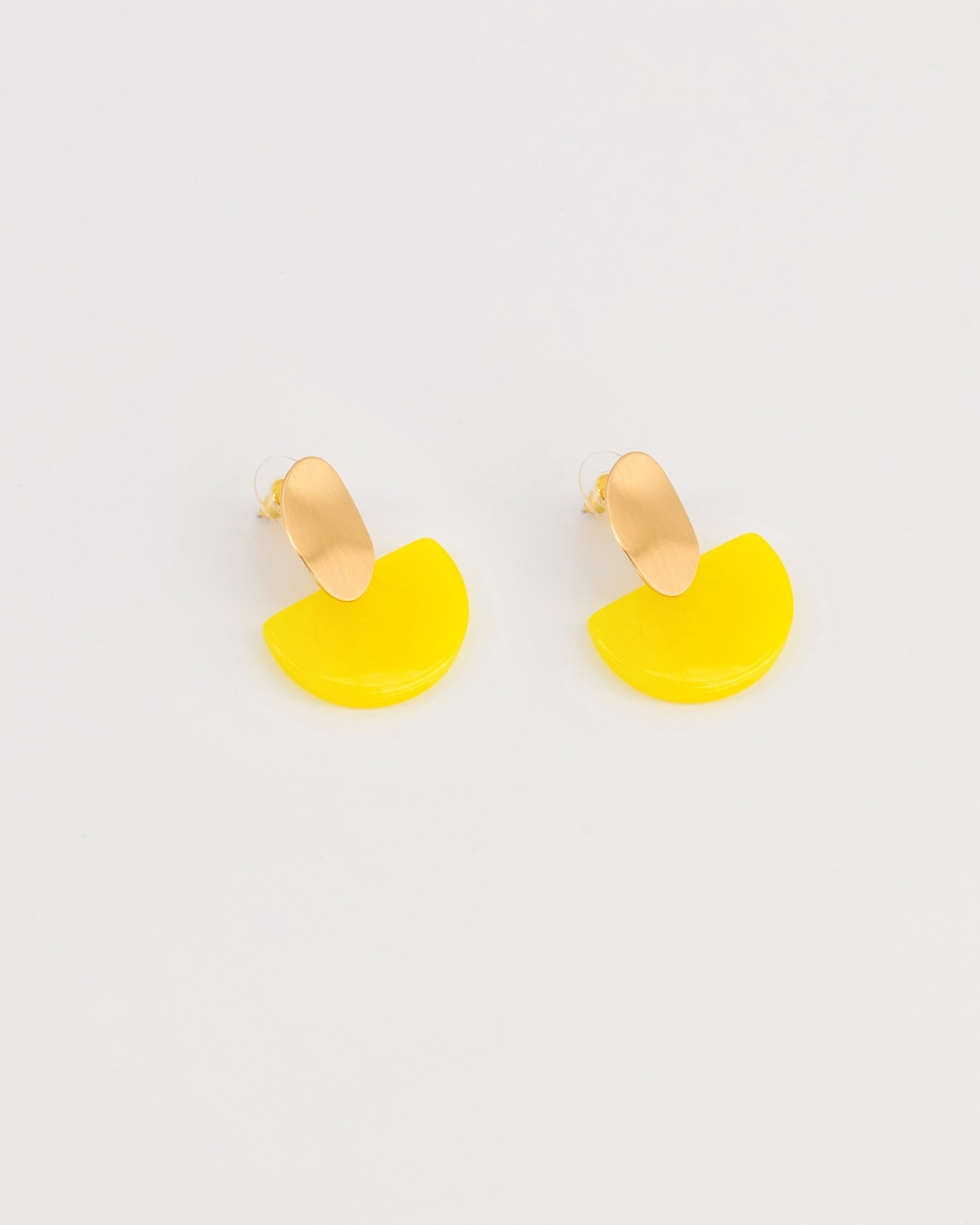 Oval Disk and Half Moon Resin Double Drop Earrings -  Yellow