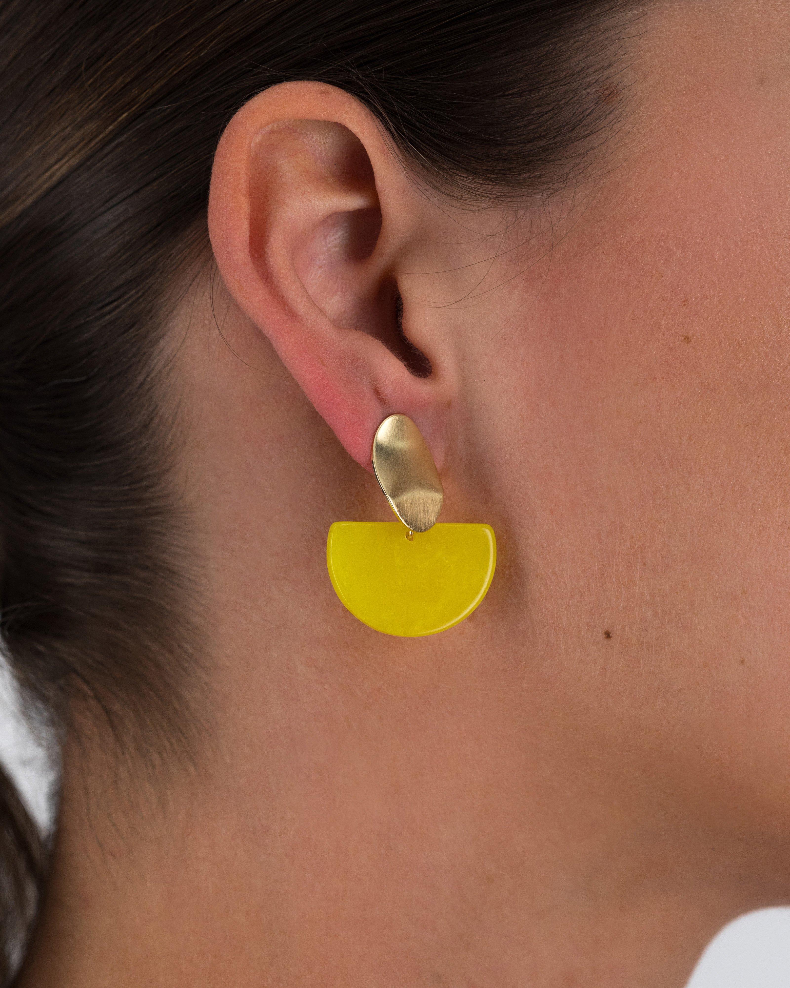 Oval Disk and Half Moon Resin Double Drop Earrings -  Yellow