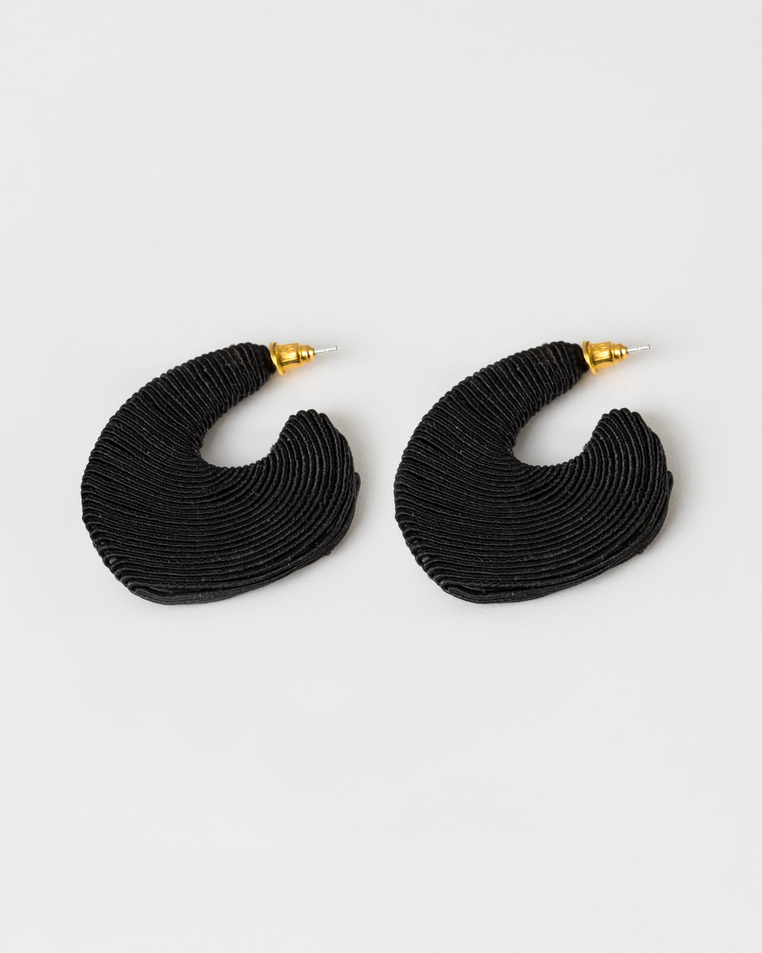 Cord Wrapped J Shape Flat Hoop Earrings -  Black