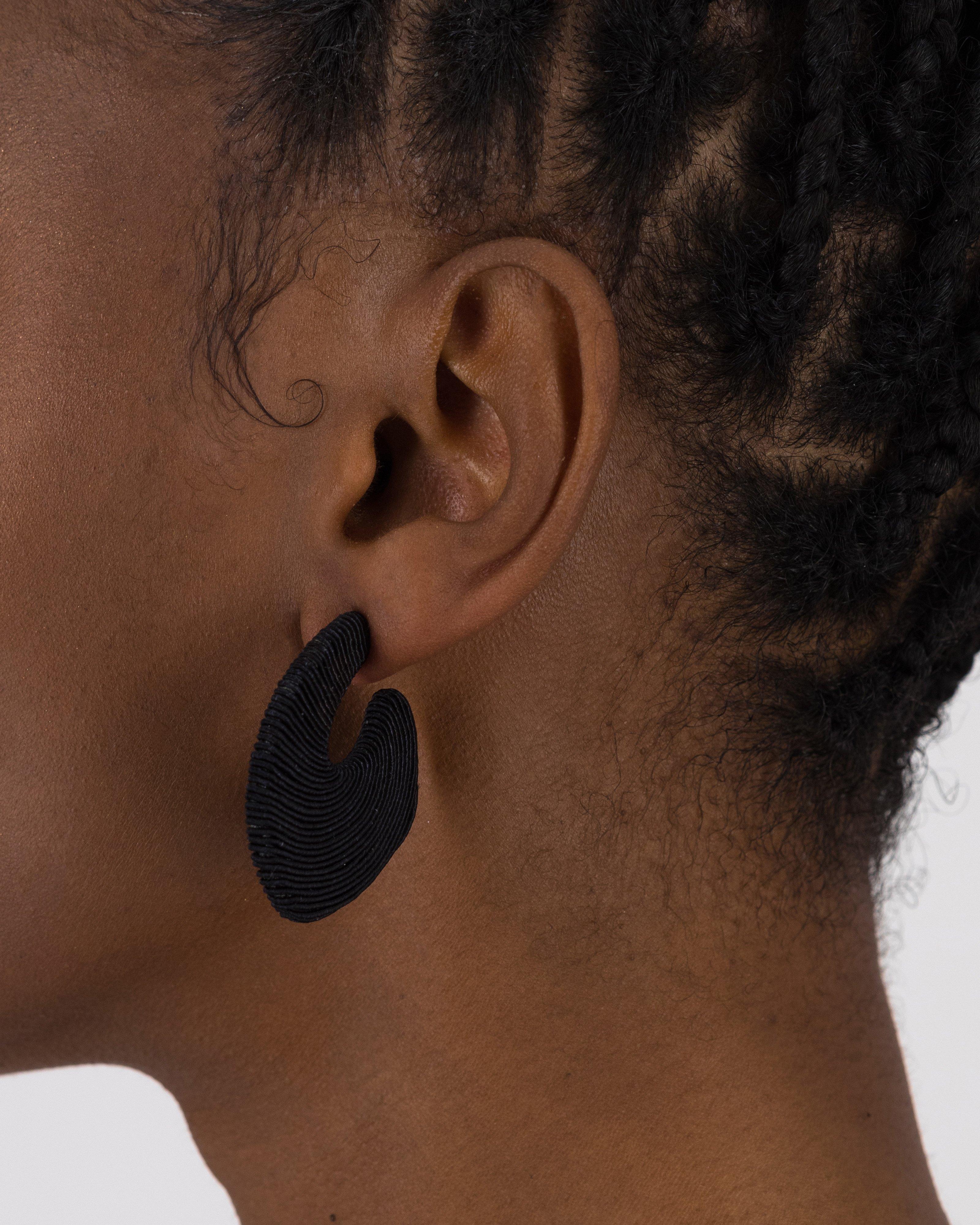 Cord Wrapped J Shape Flat Hoop Earrings -  Black