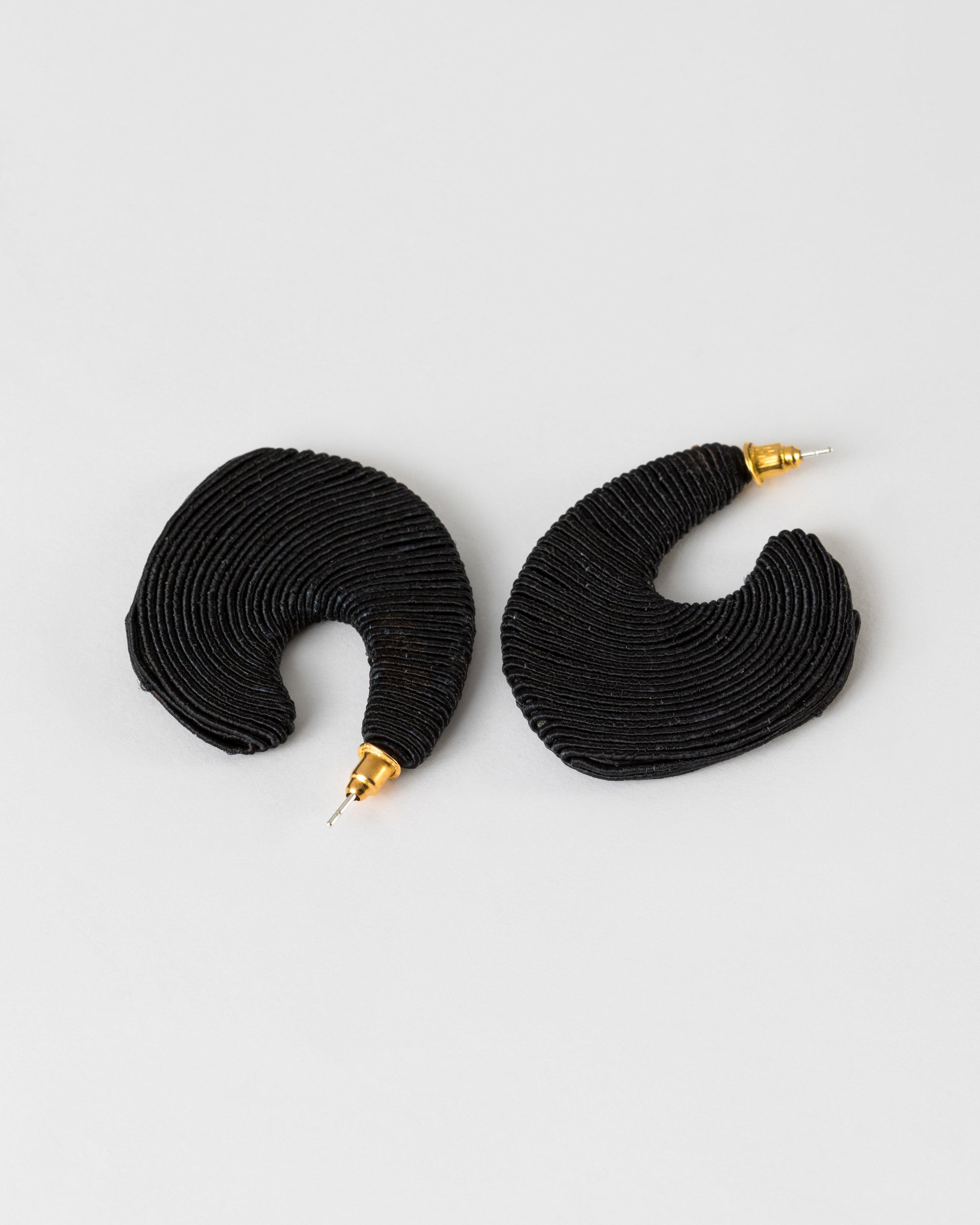 Cord Wrapped J Shape Flat Hoop Earrings -  Black