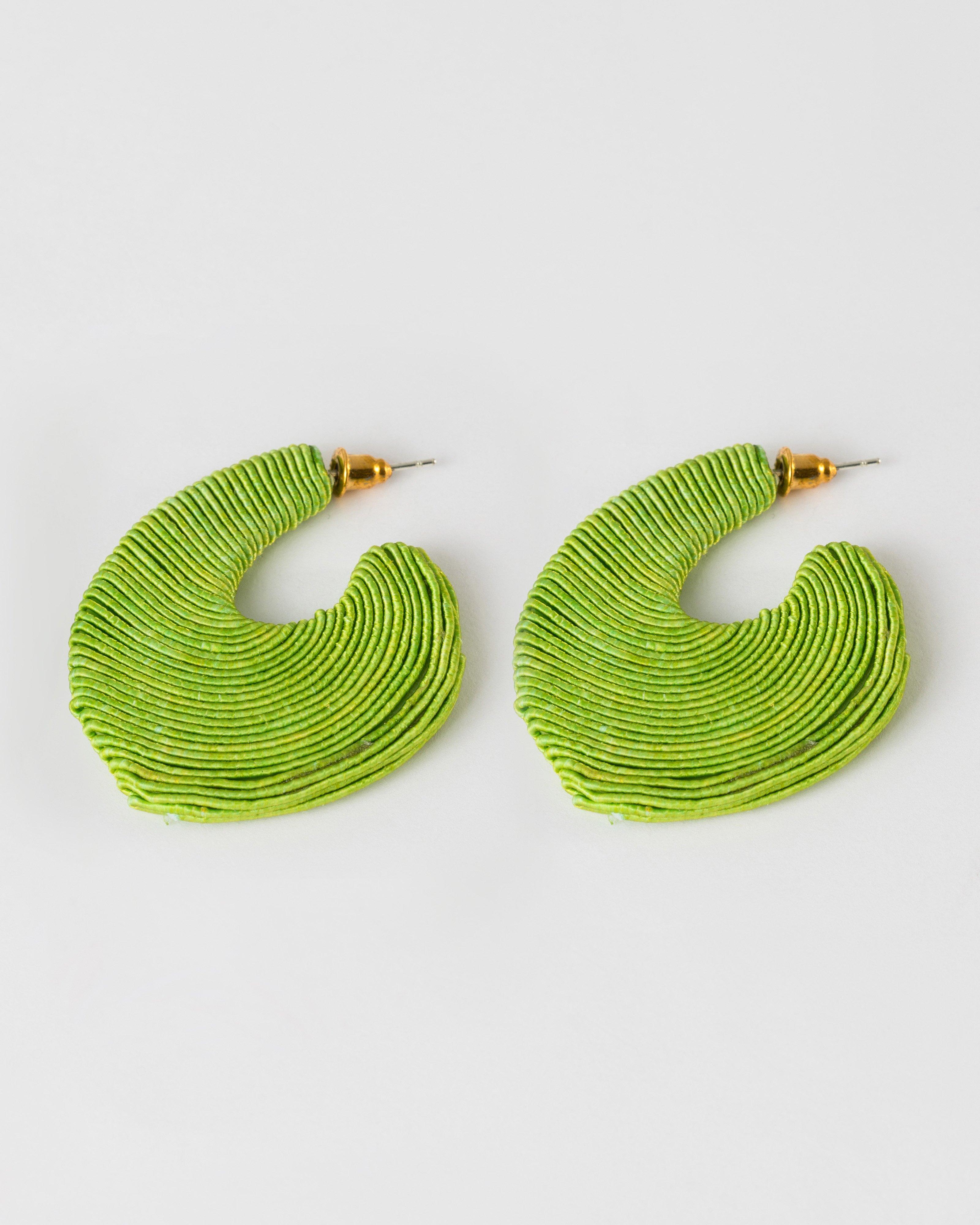 Cord Wrapped J Shape Flat Hoop Earrings -  Green