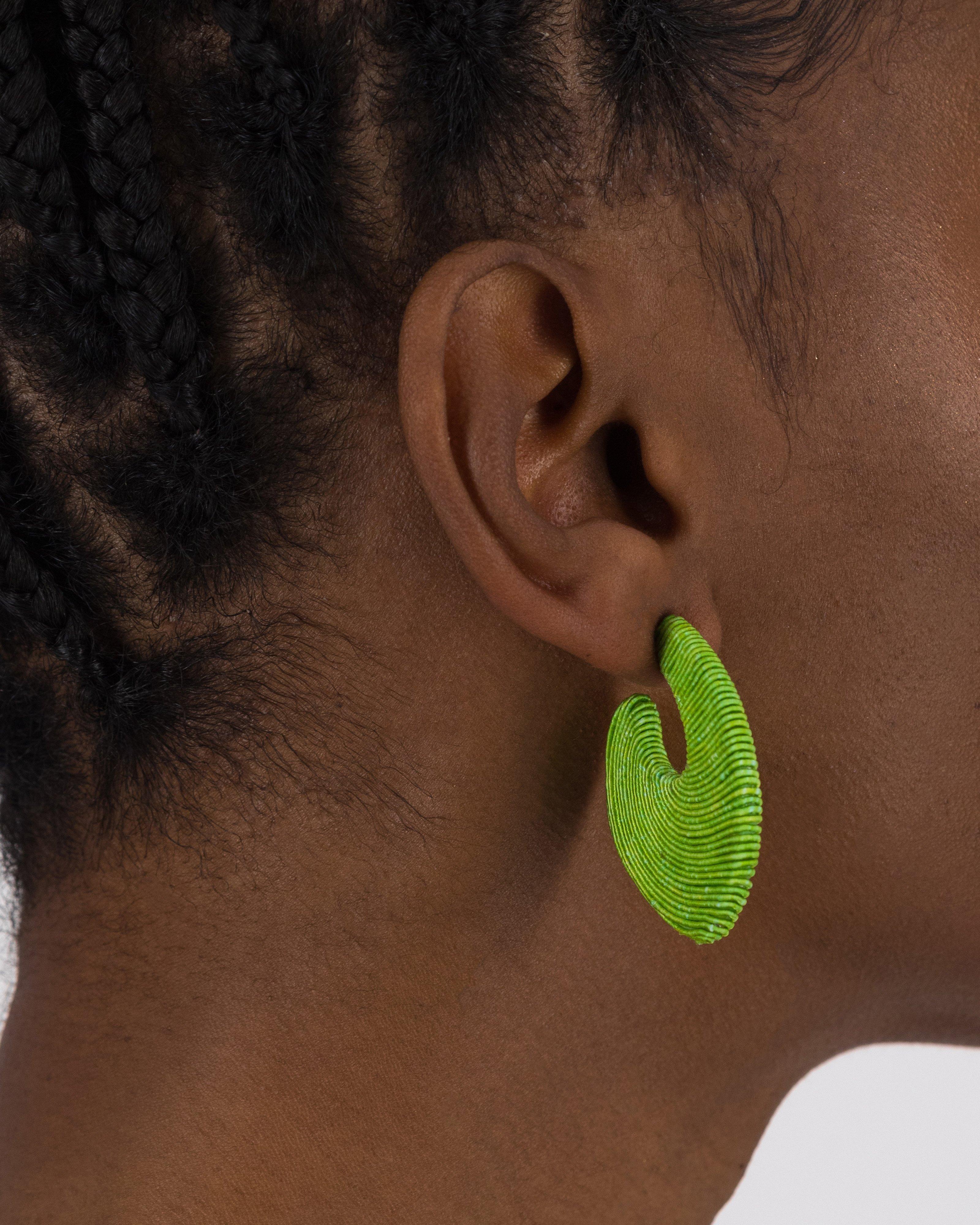 Cord Wrapped J Shape Flat Hoop Earrings -  Green