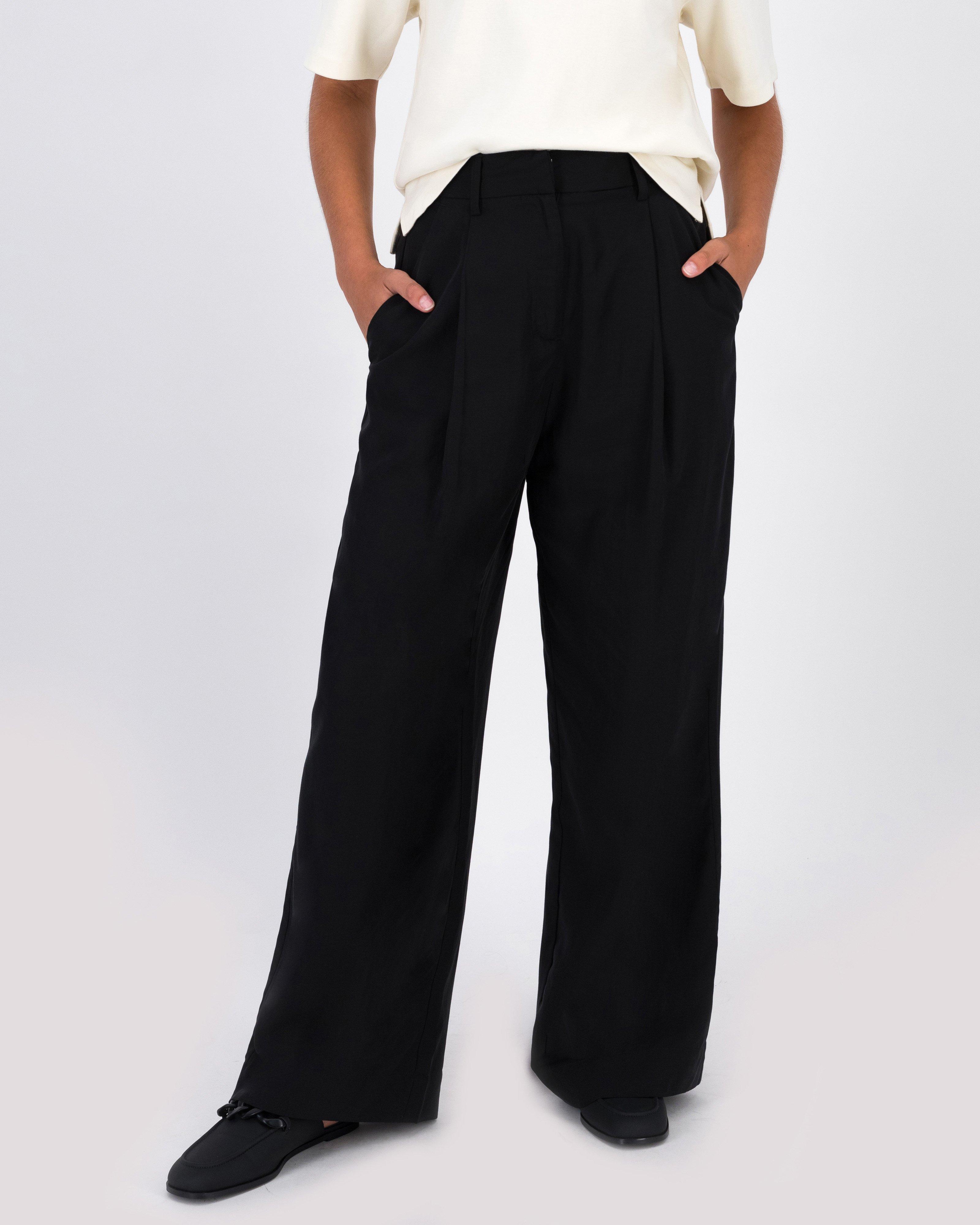 Freja Wide Leg Pleat Pant -  Black