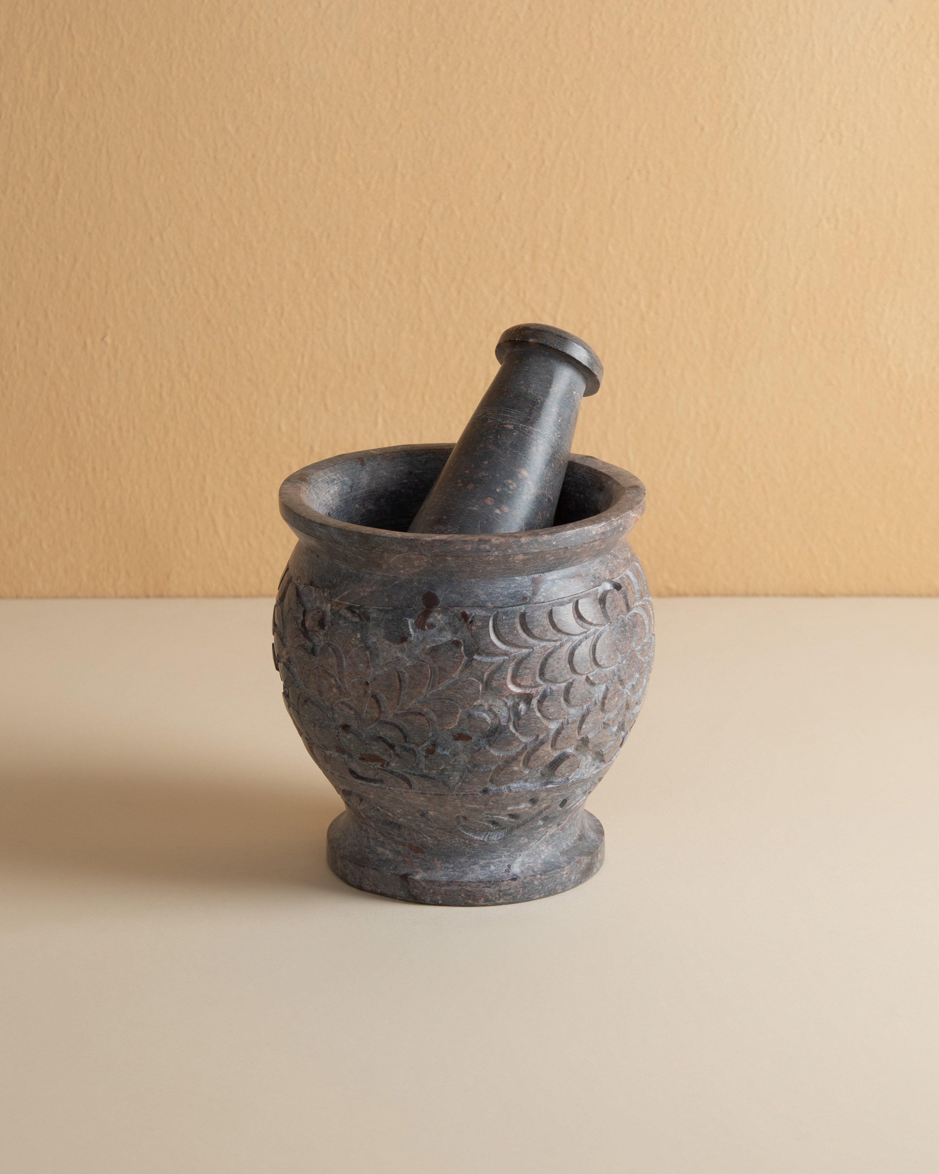 Ivy Carved Soapstone Pestle and Mortar -  White