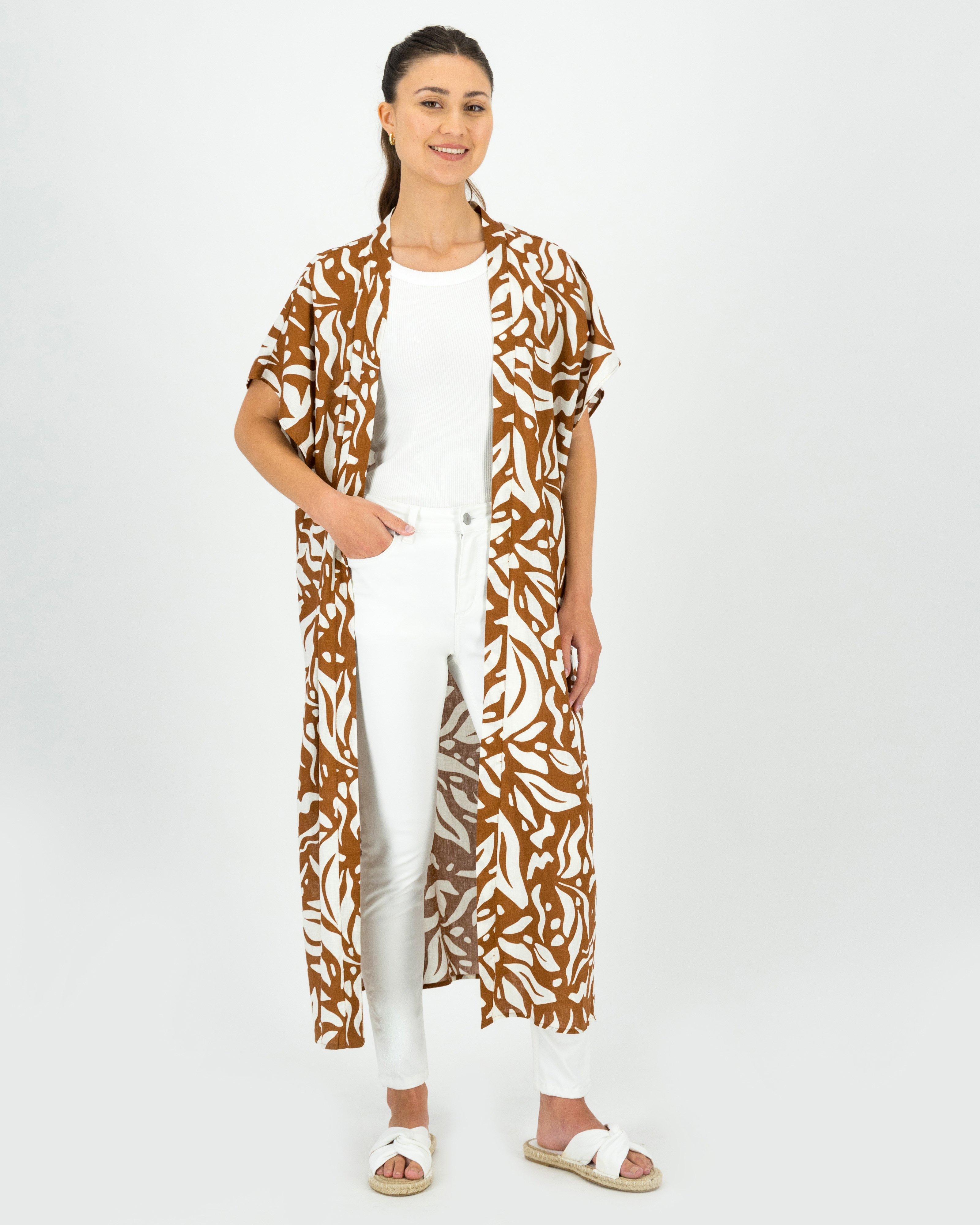 Women’s Hattie Abstract Leaf Print Kimono -  Tan