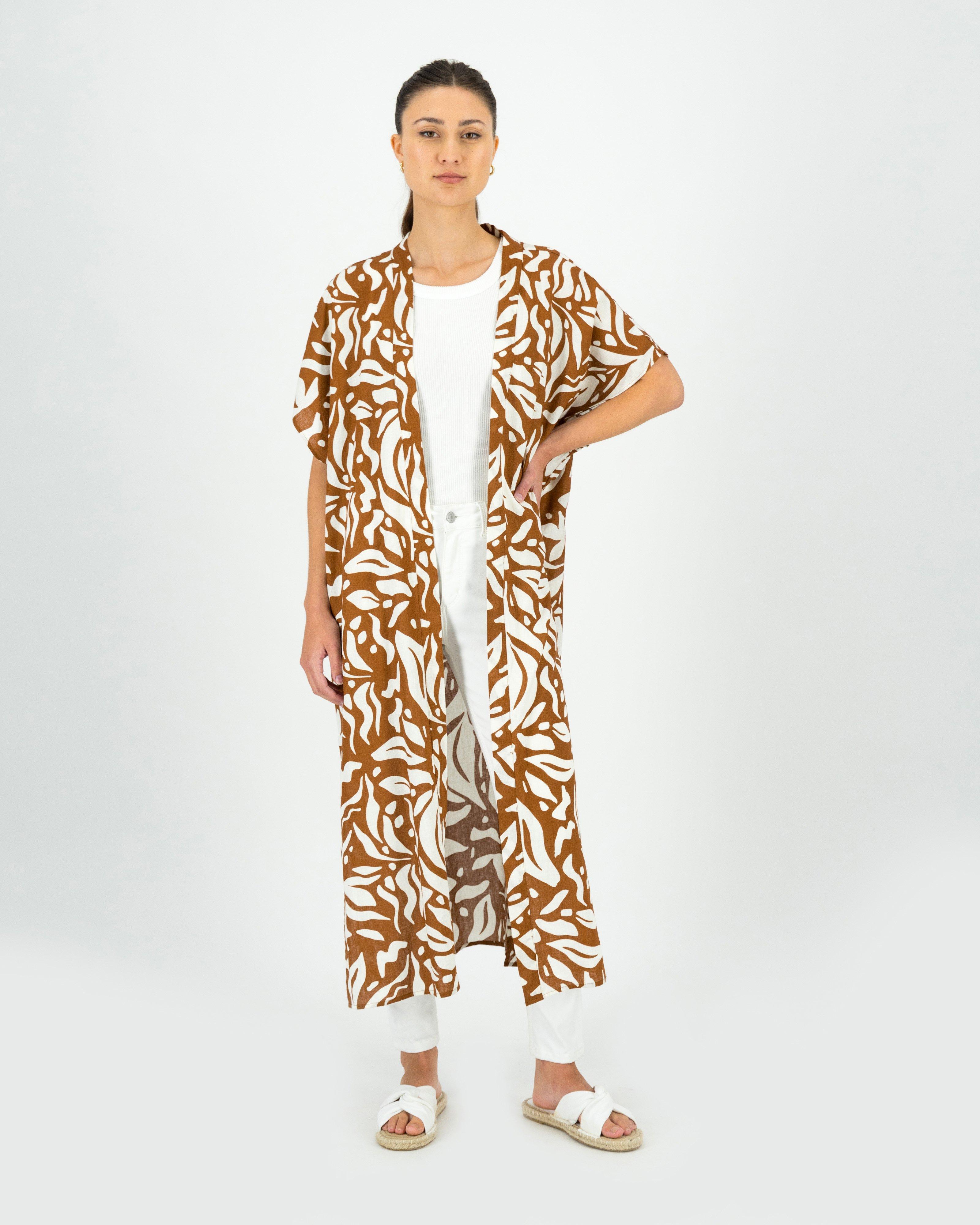 Women’s Hattie Abstract Leaf Print Kimono -  Tan