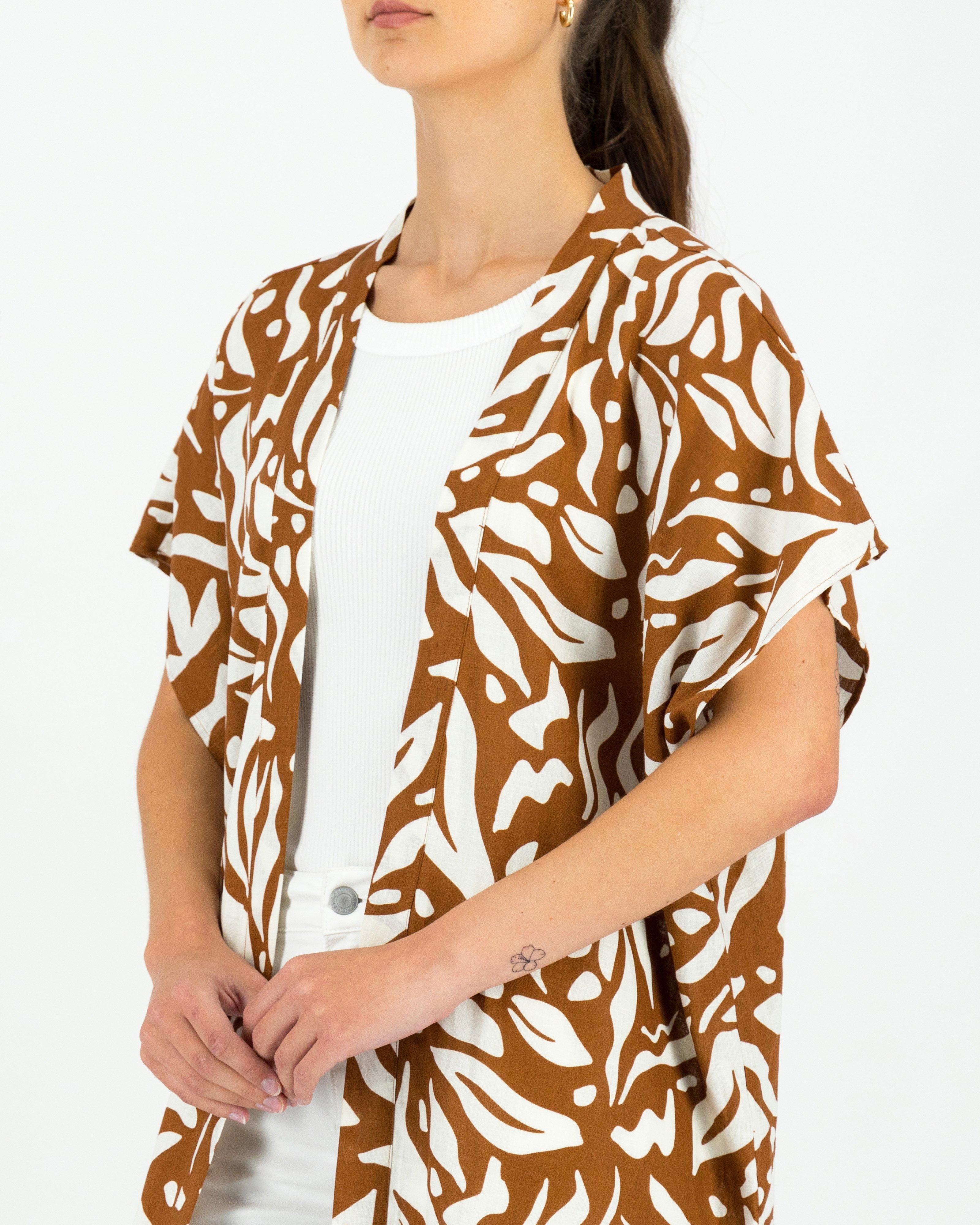 Women’s Hattie Abstract Leaf Print Kimono -  Tan