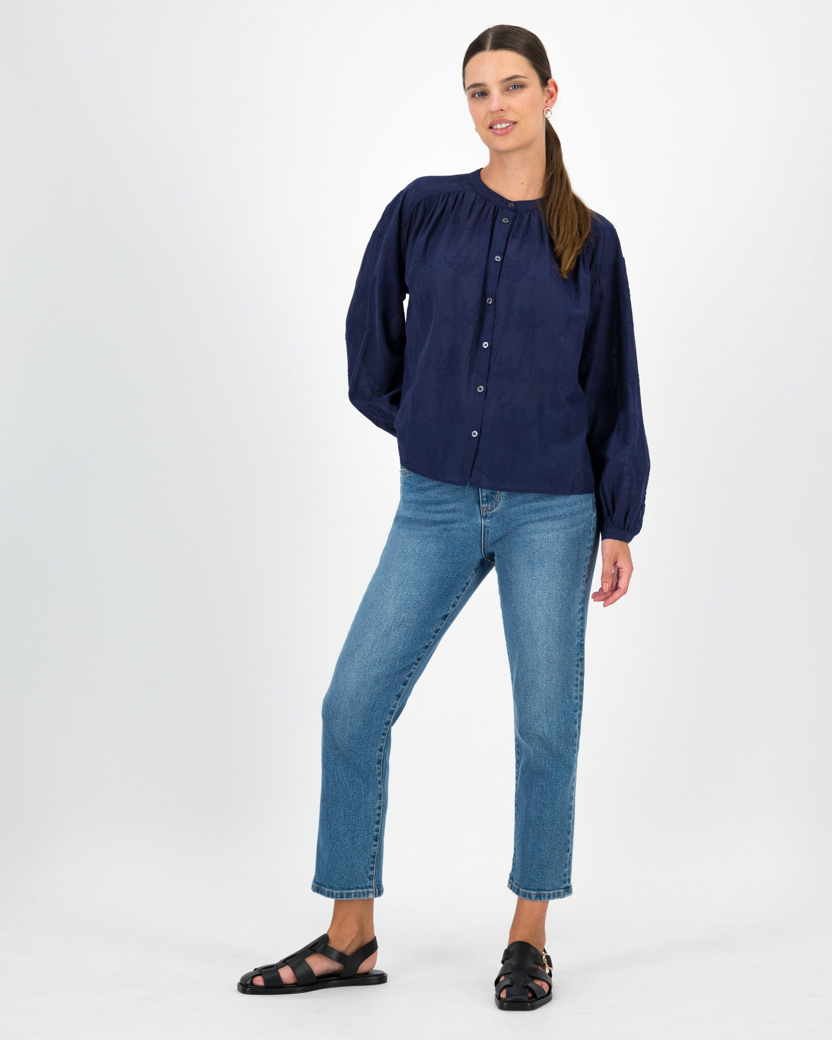 Lydie Embroidered Button Through Shirt -  Navy