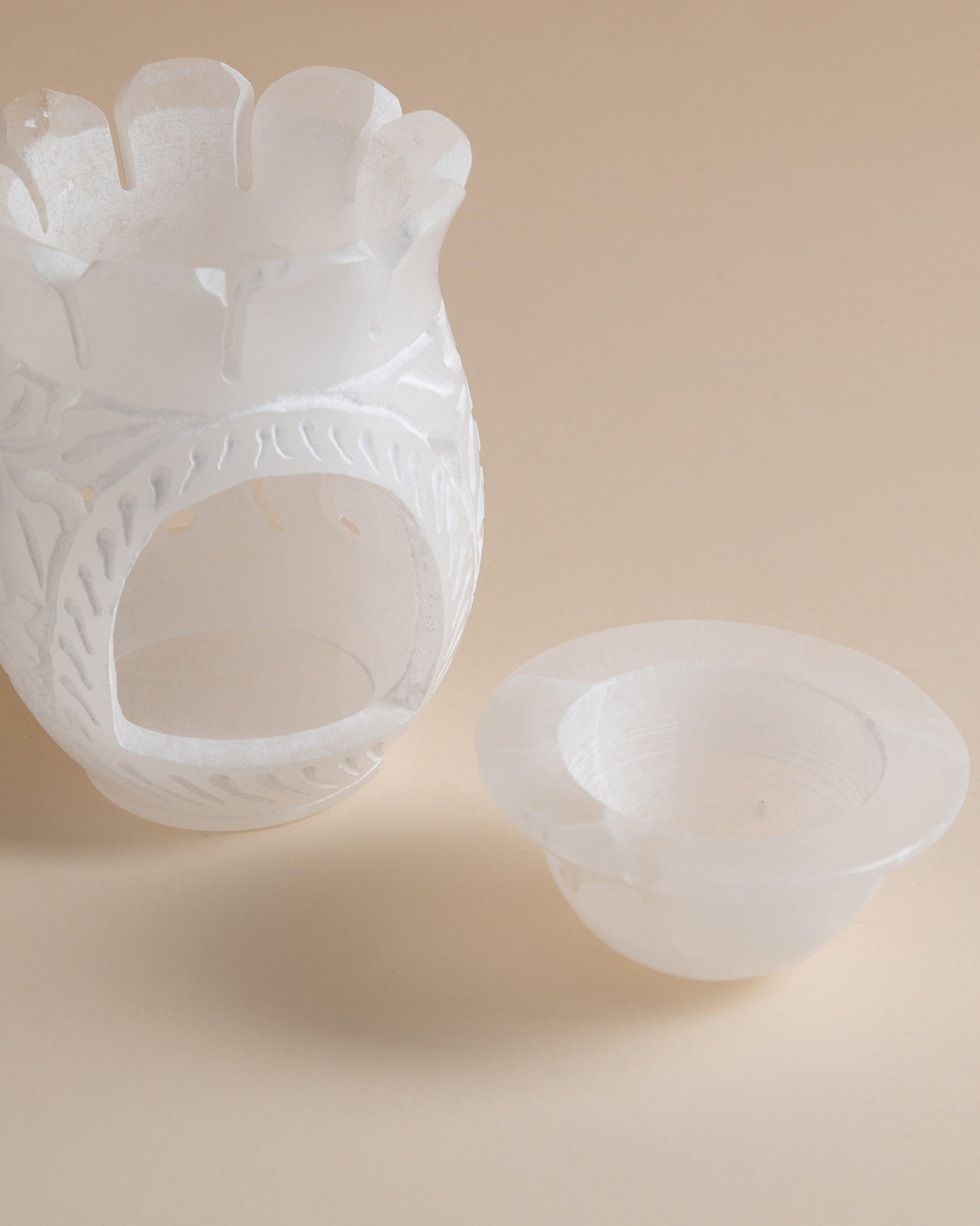 Alabaster Hand Carved Oil Burner -  White
