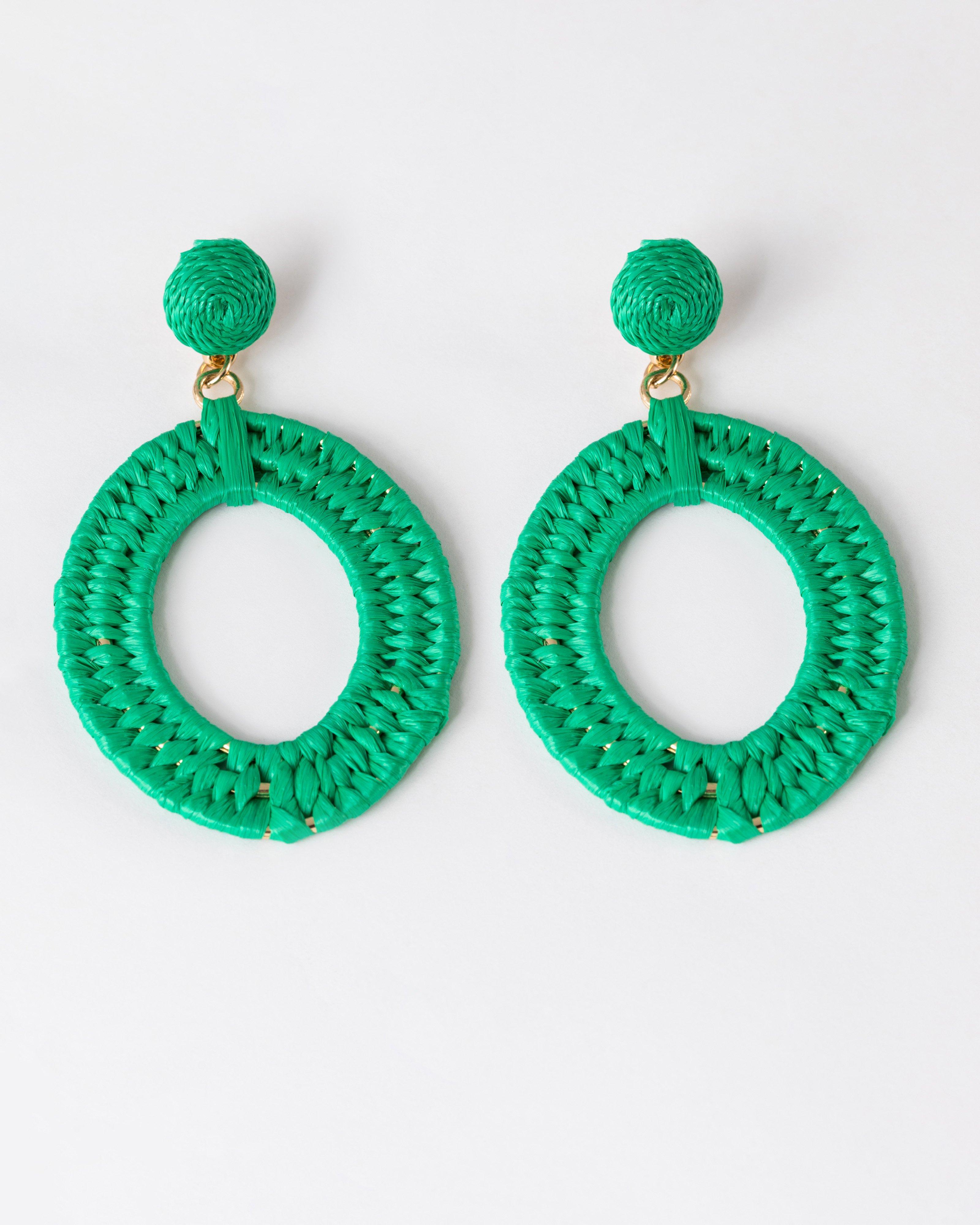 Women’s Straw Double Oval Drop Earrings -  Green