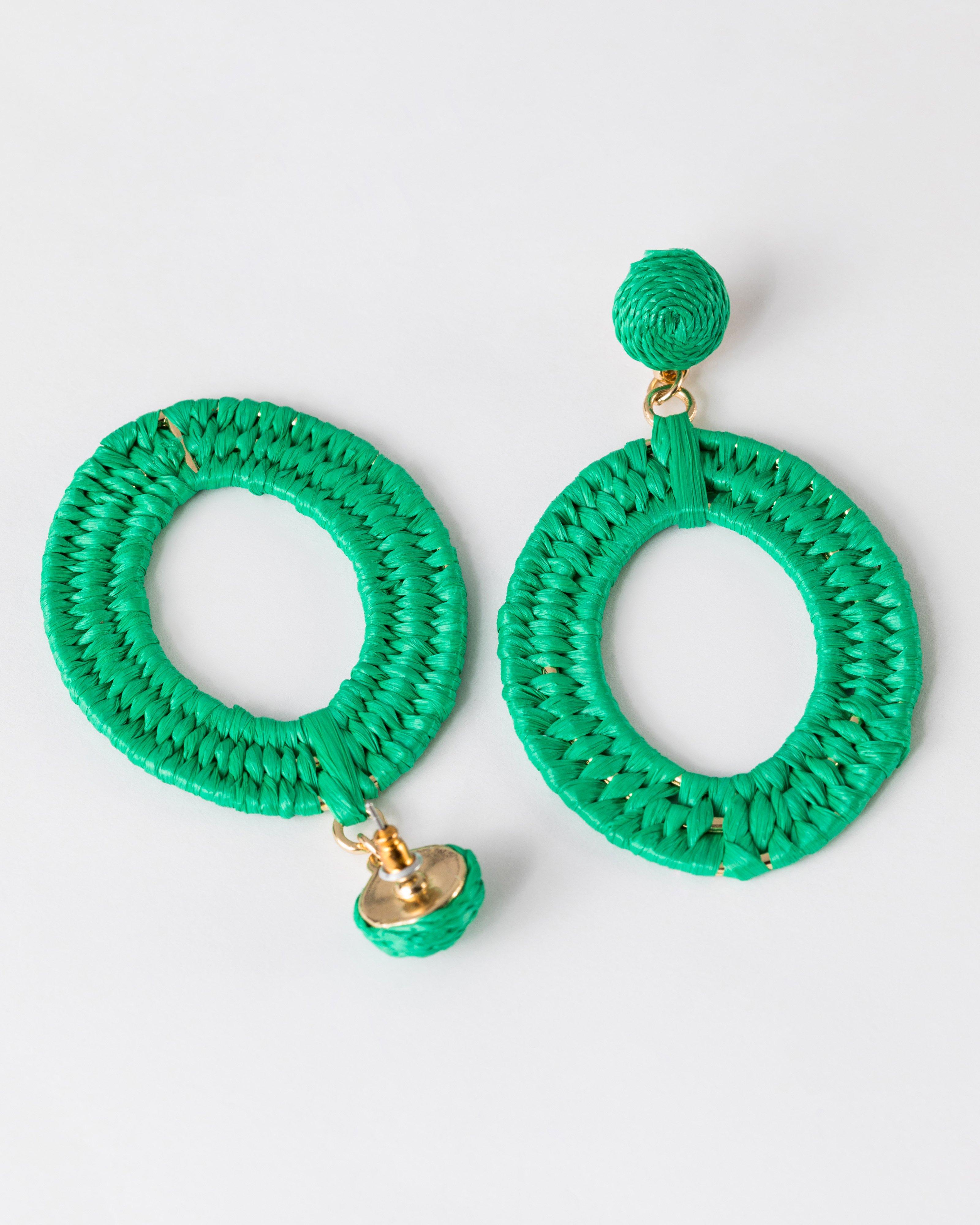 Women’s Straw Double Oval Drop Earrings -  Green