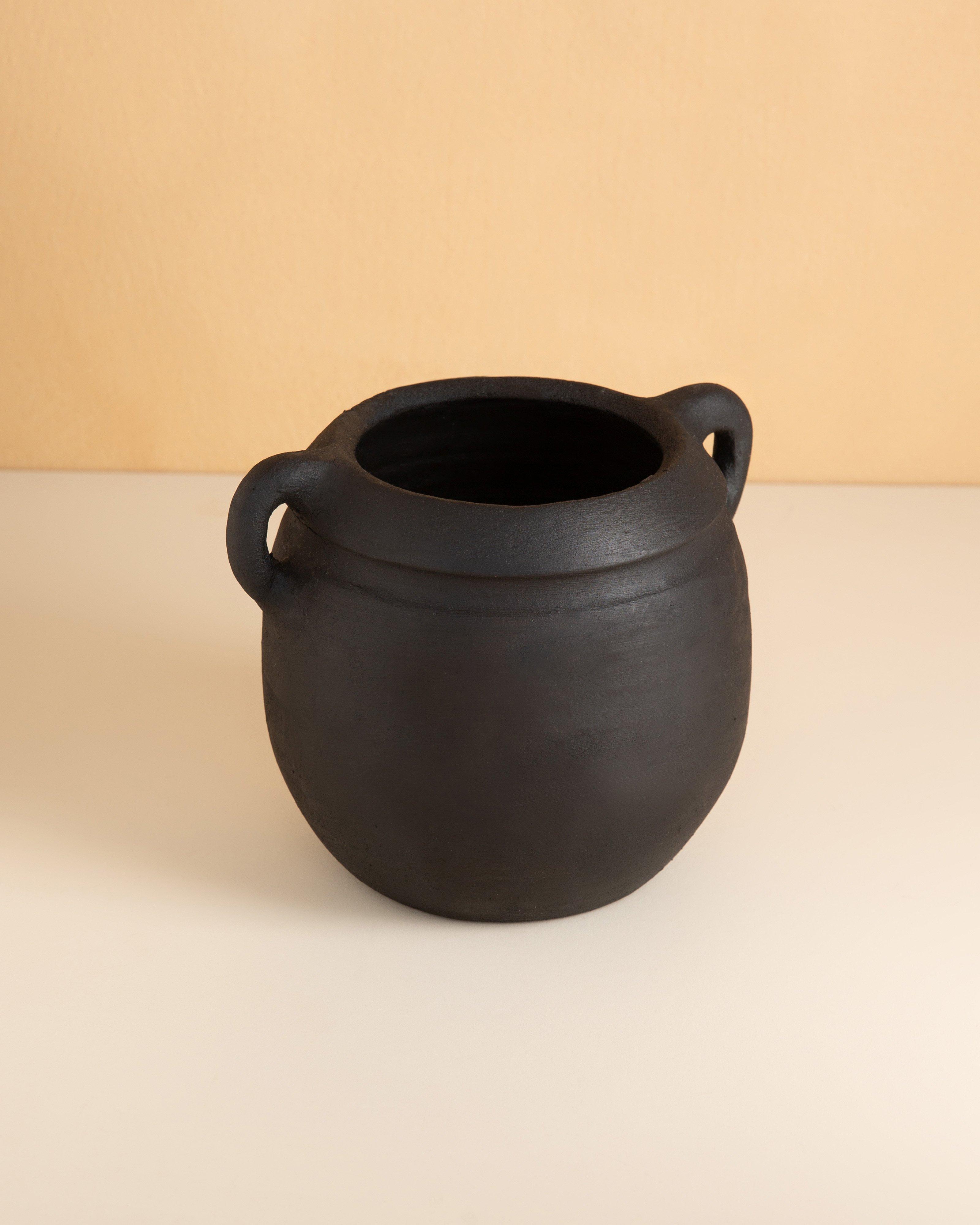 Burnt Ceramic Short Vase with Handles -  Black