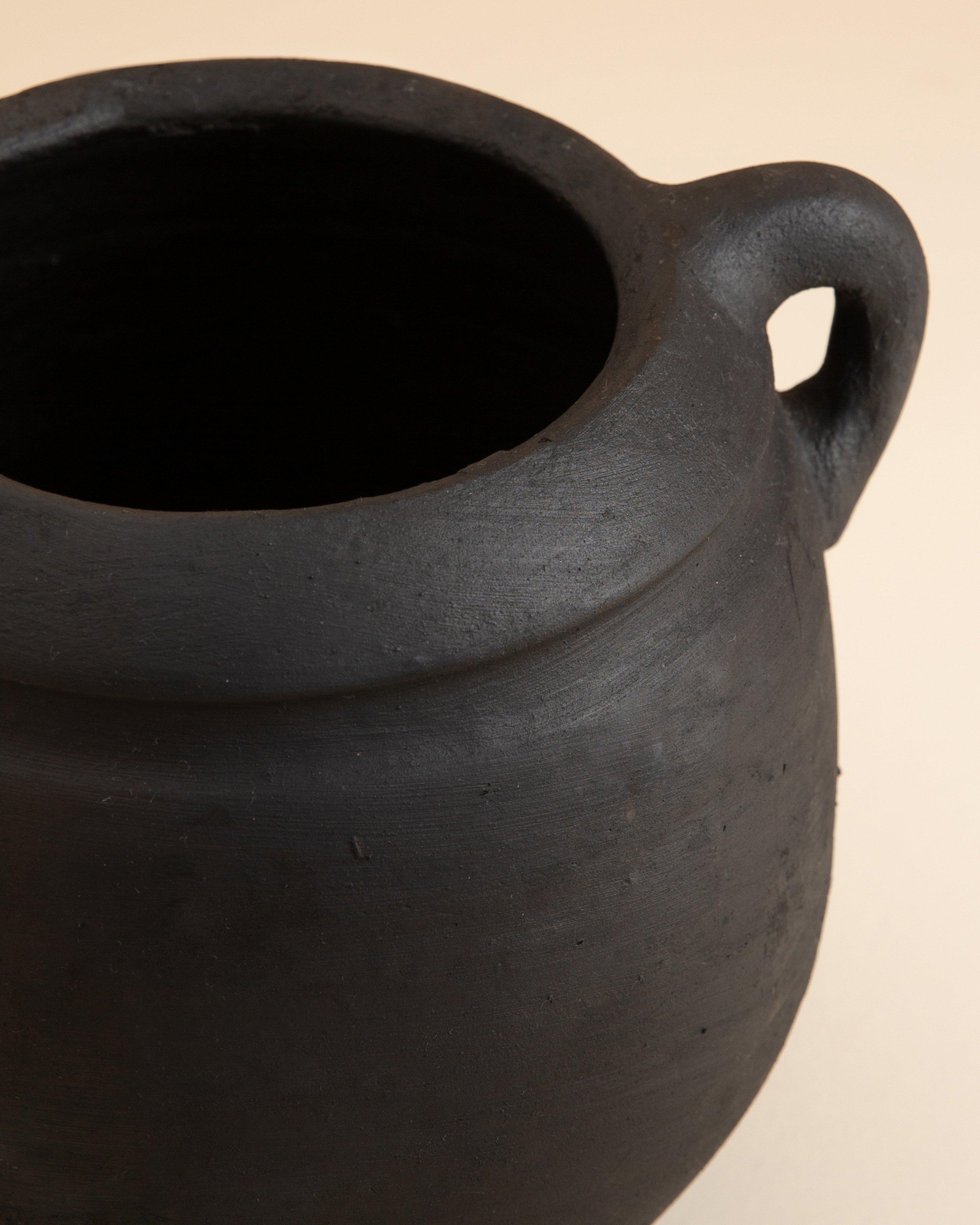 Burnt Ceramic Short Vase with Handles -  Black