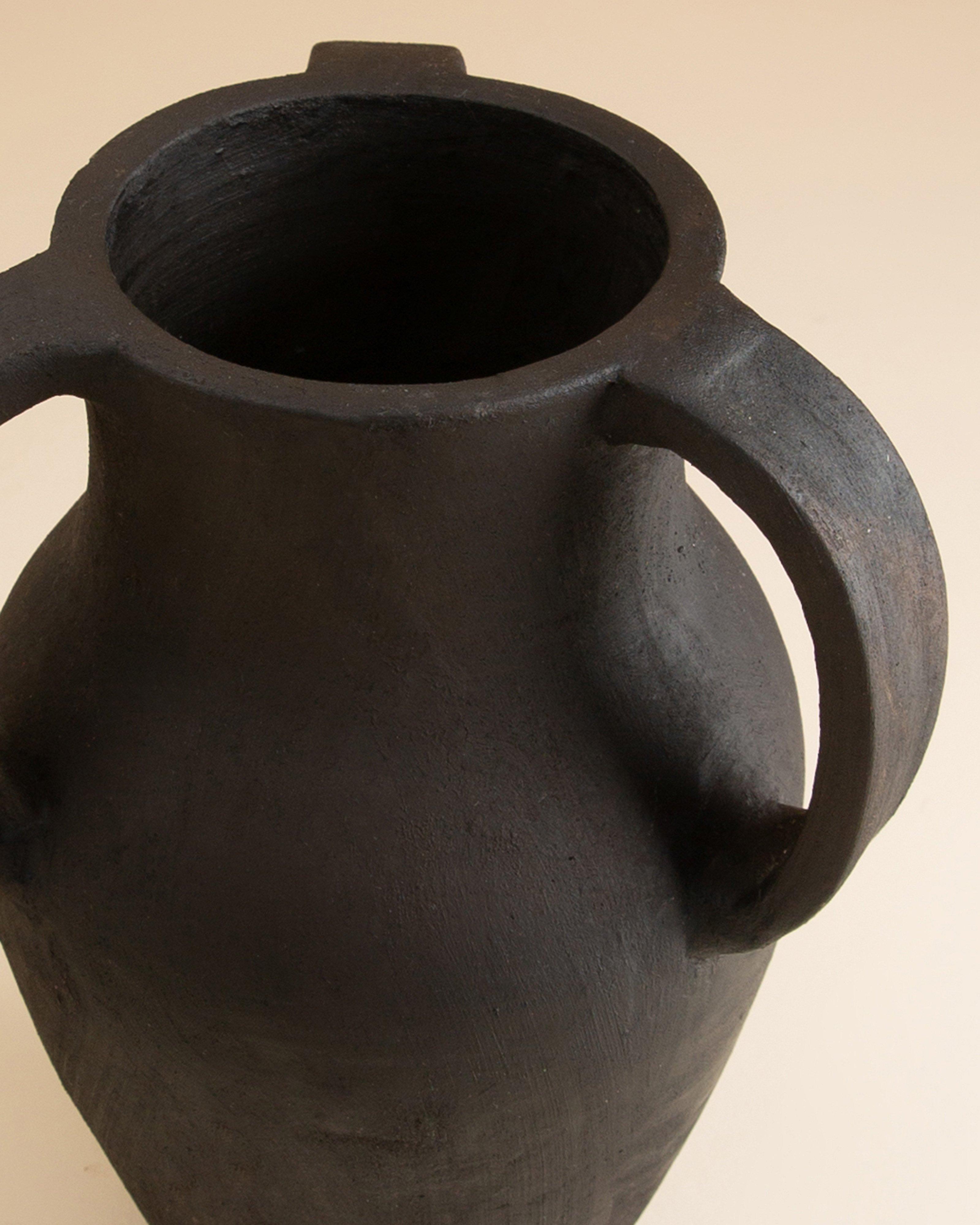 Burnt Ceramic Tall Vase with Handles -  Black