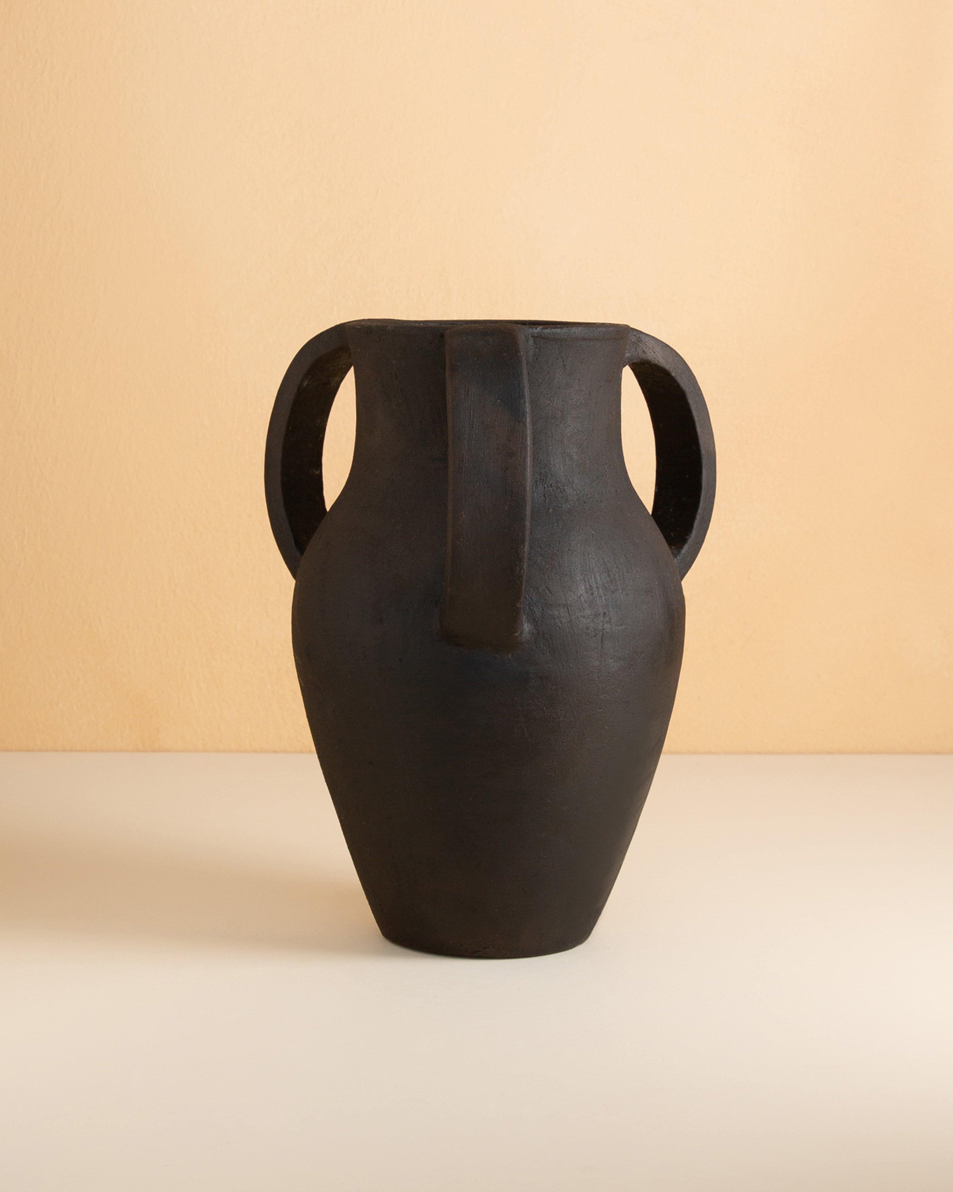 Burnt Ceramic Tall Vase with Handles -  Black