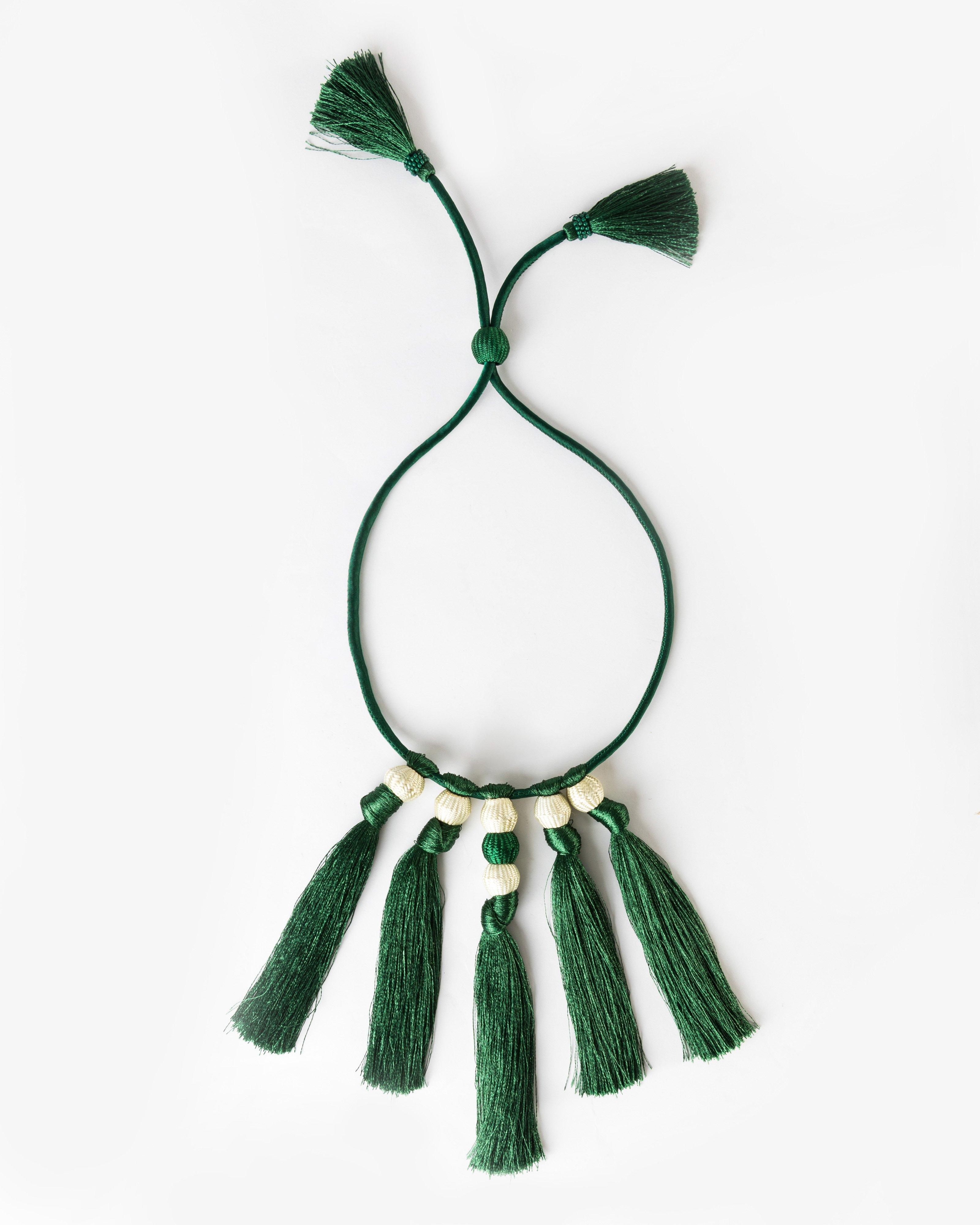Statement Collar Knotted Tassel Necklace -  Dark Green