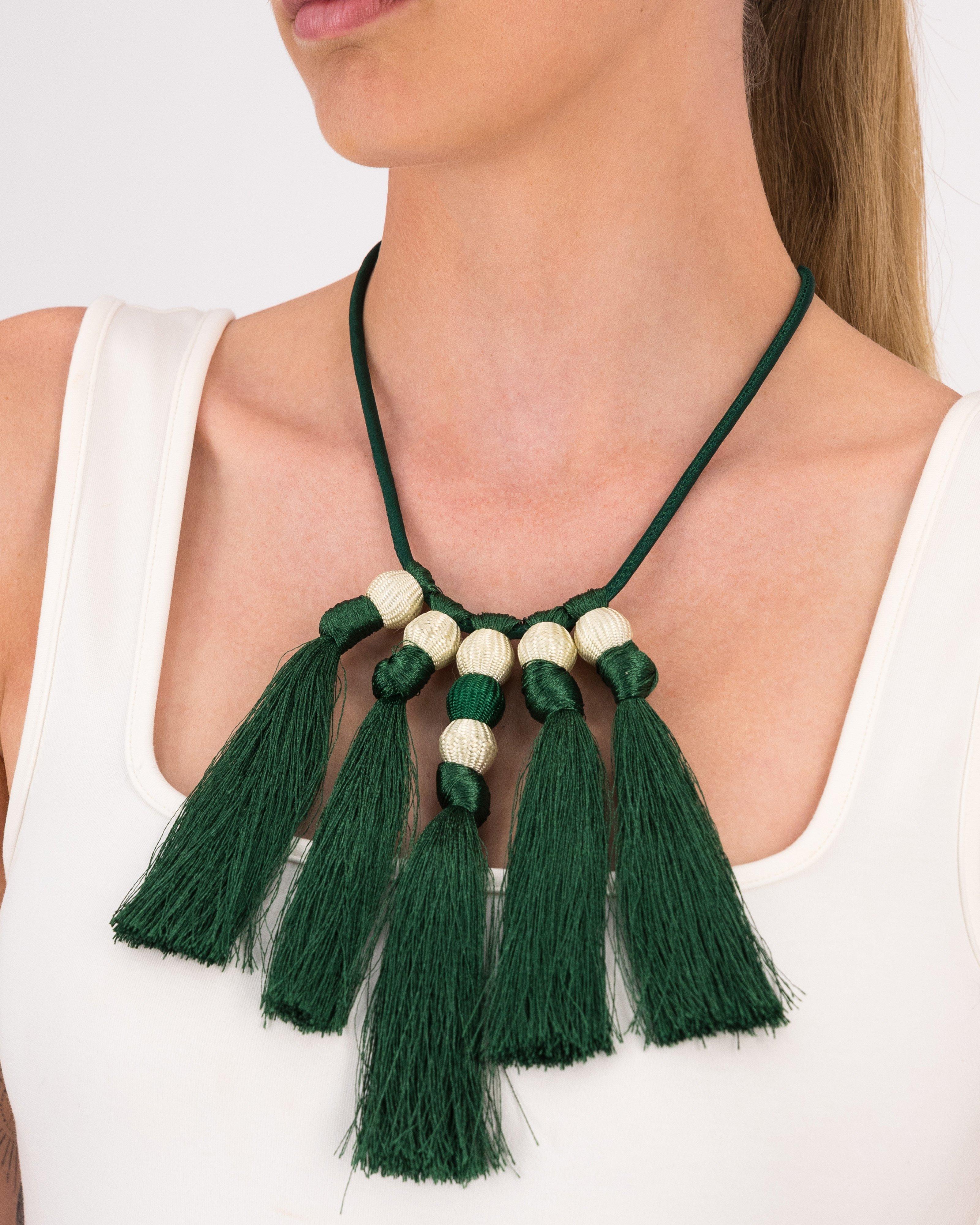 Statement Collar Knotted Tassel Necklace -  Dark Green