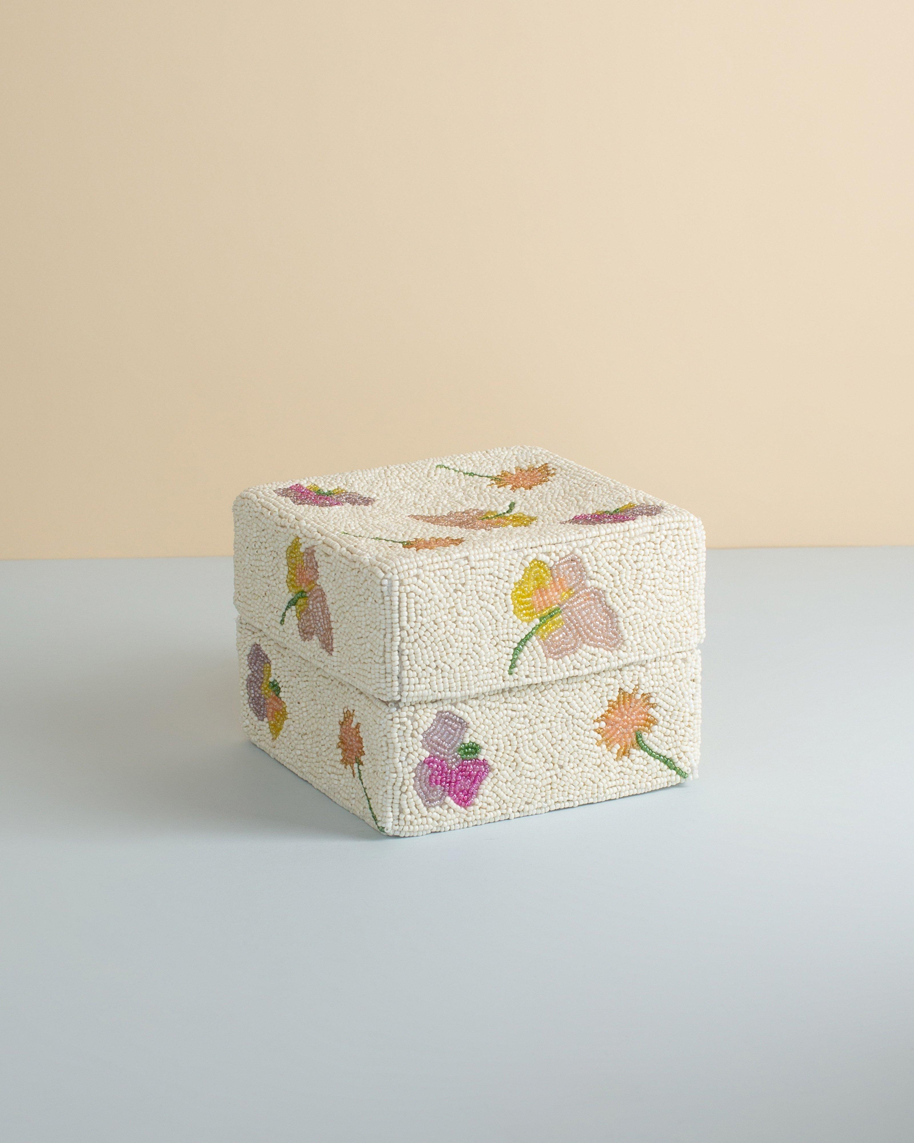 Pressed Flower Beaded Medium Storage Box -  Milk