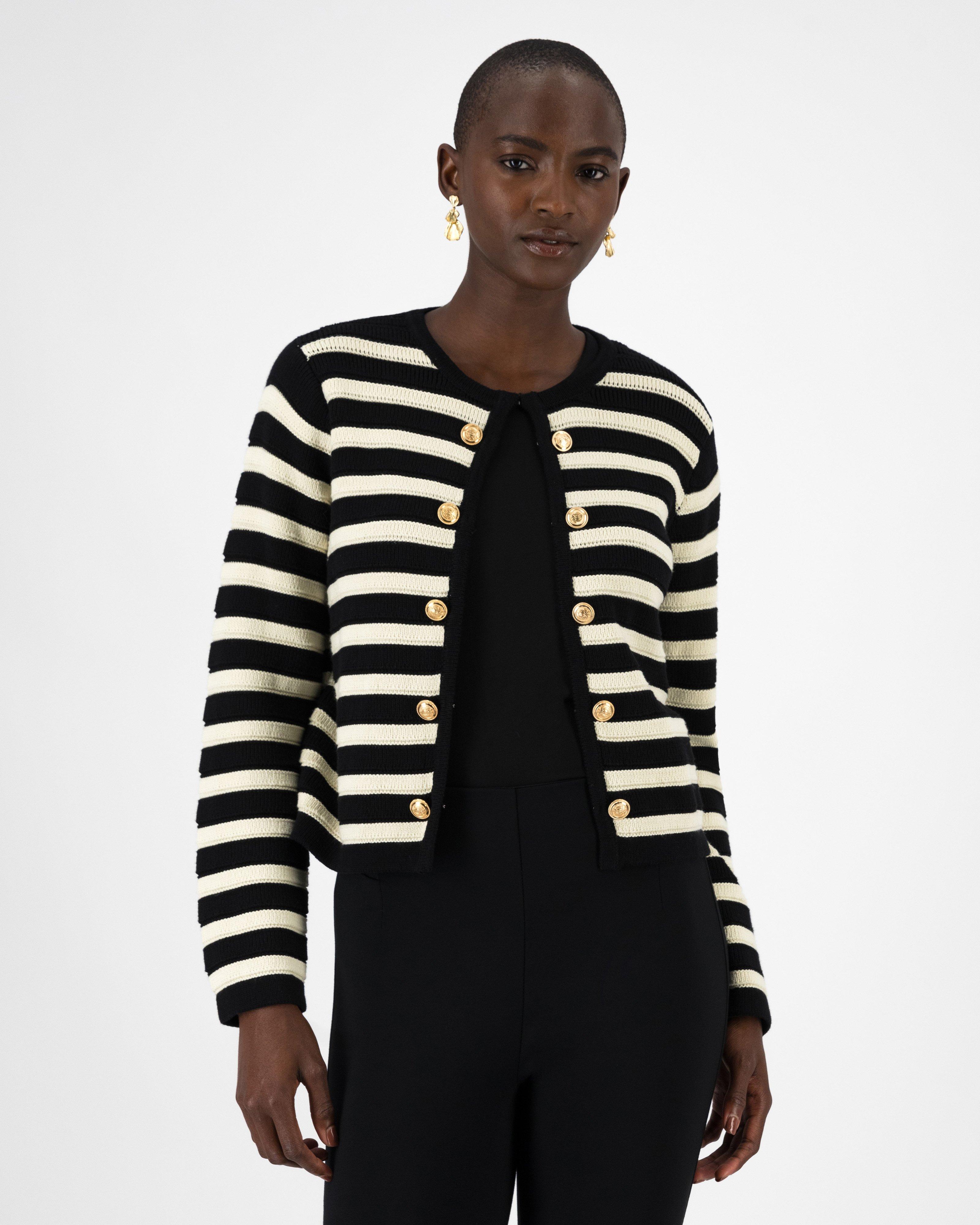 Jac Smart Stripe Button Detail Cardi -  Black