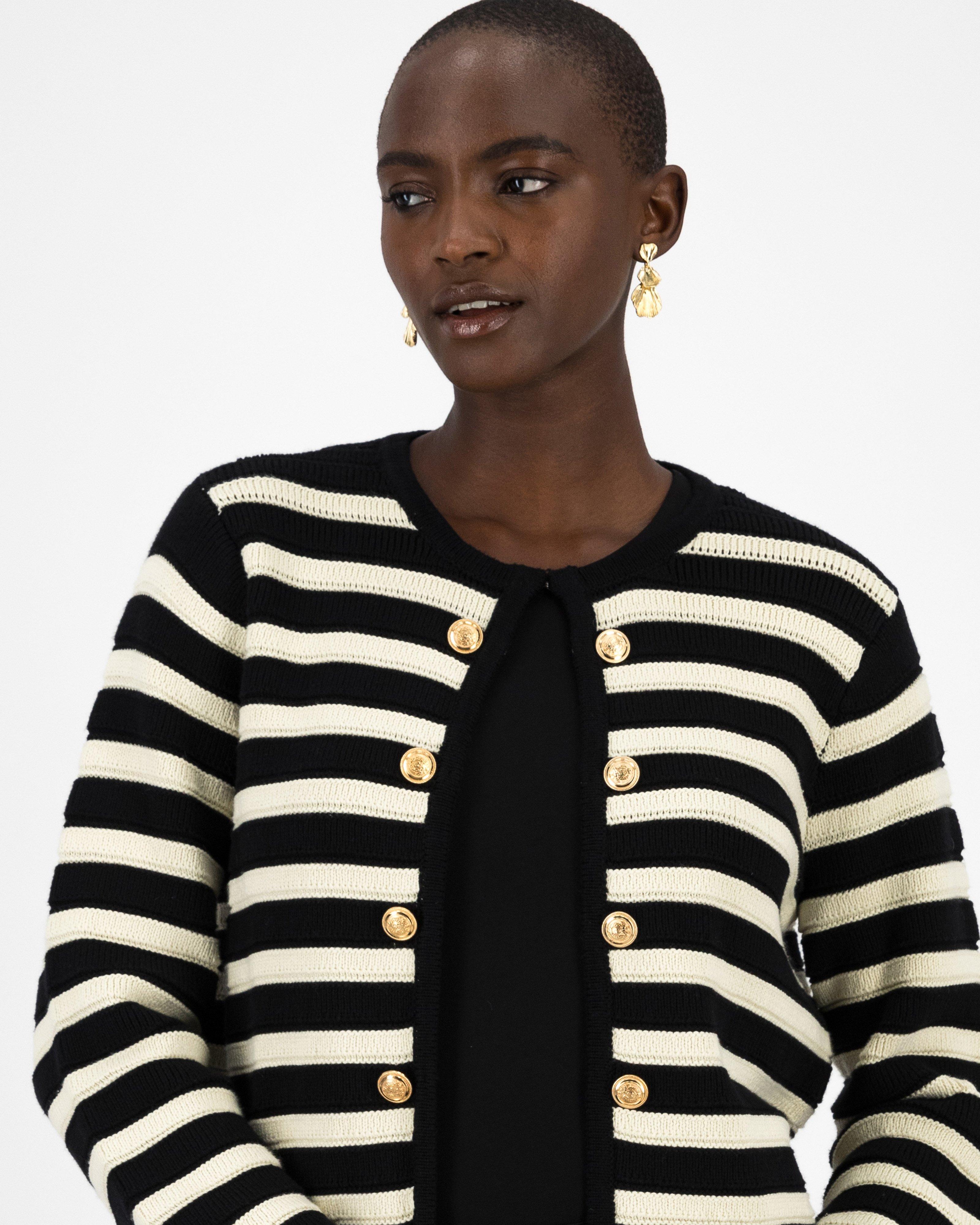 Jac Smart Stripe Button Detail Cardi -  Black