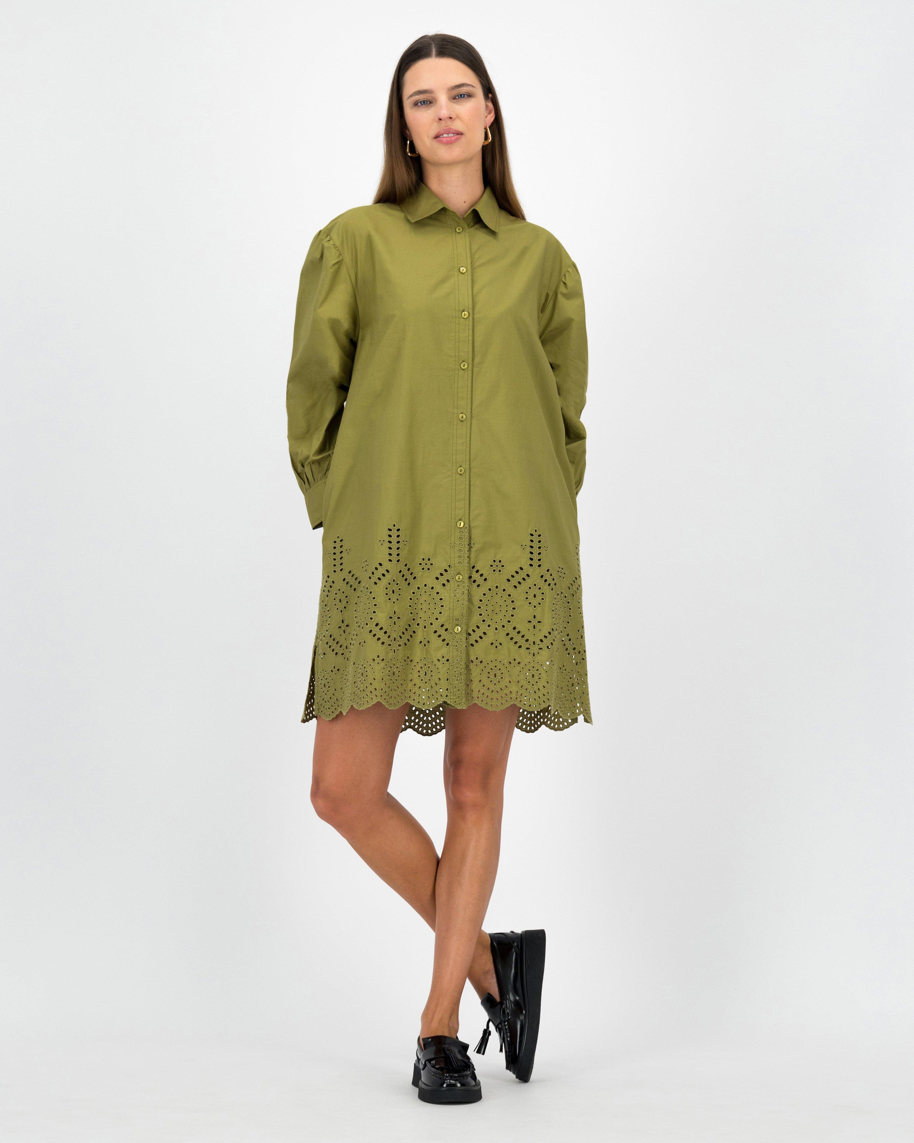 Alexa Schiffli Shirt Dress -  Olive