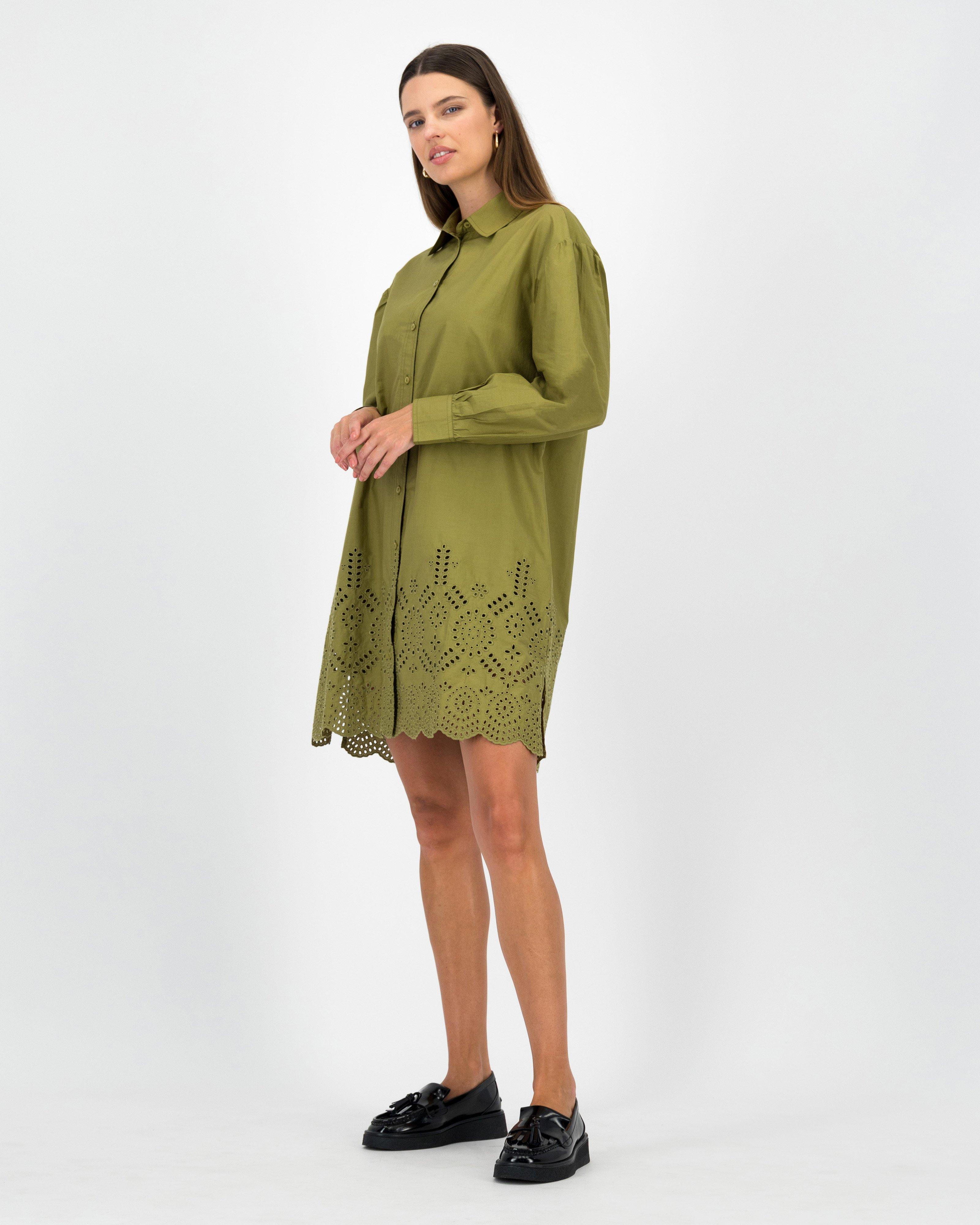 Alexa Schiffli Shirt Dress -  Olive