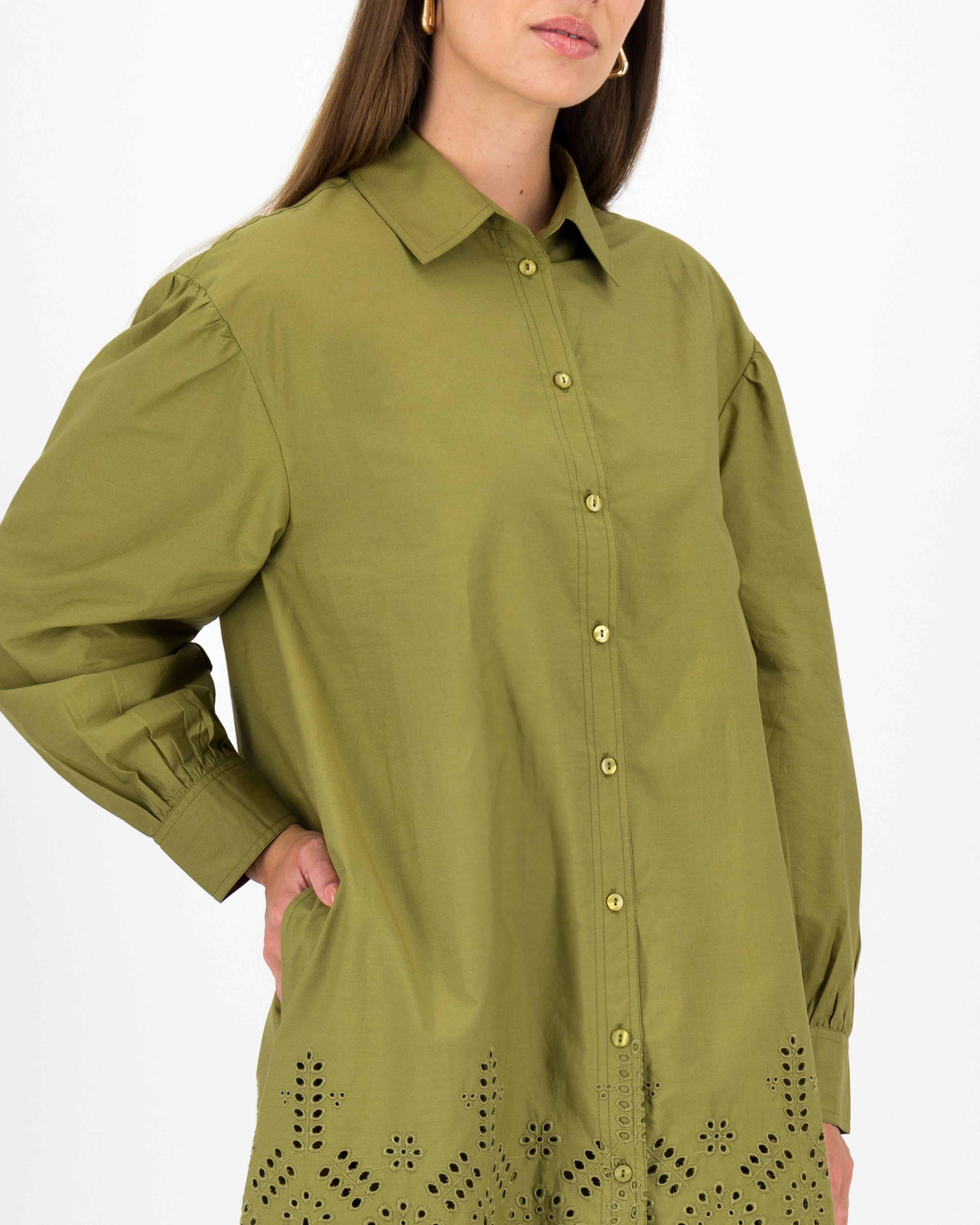 Alexa Schiffli Shirt Dress -  Olive