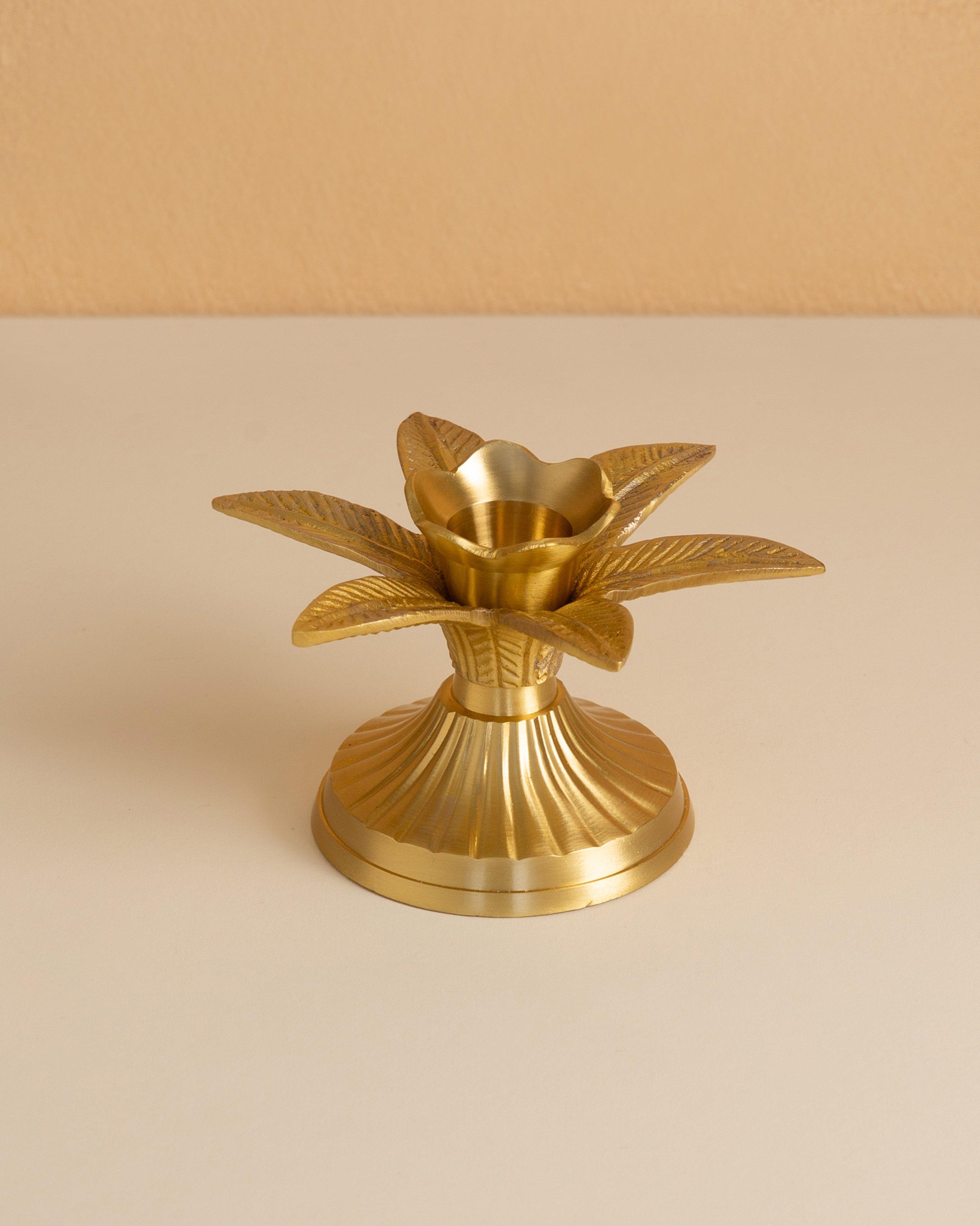 Solid Brass Short Flower Candle Stand -  Gold