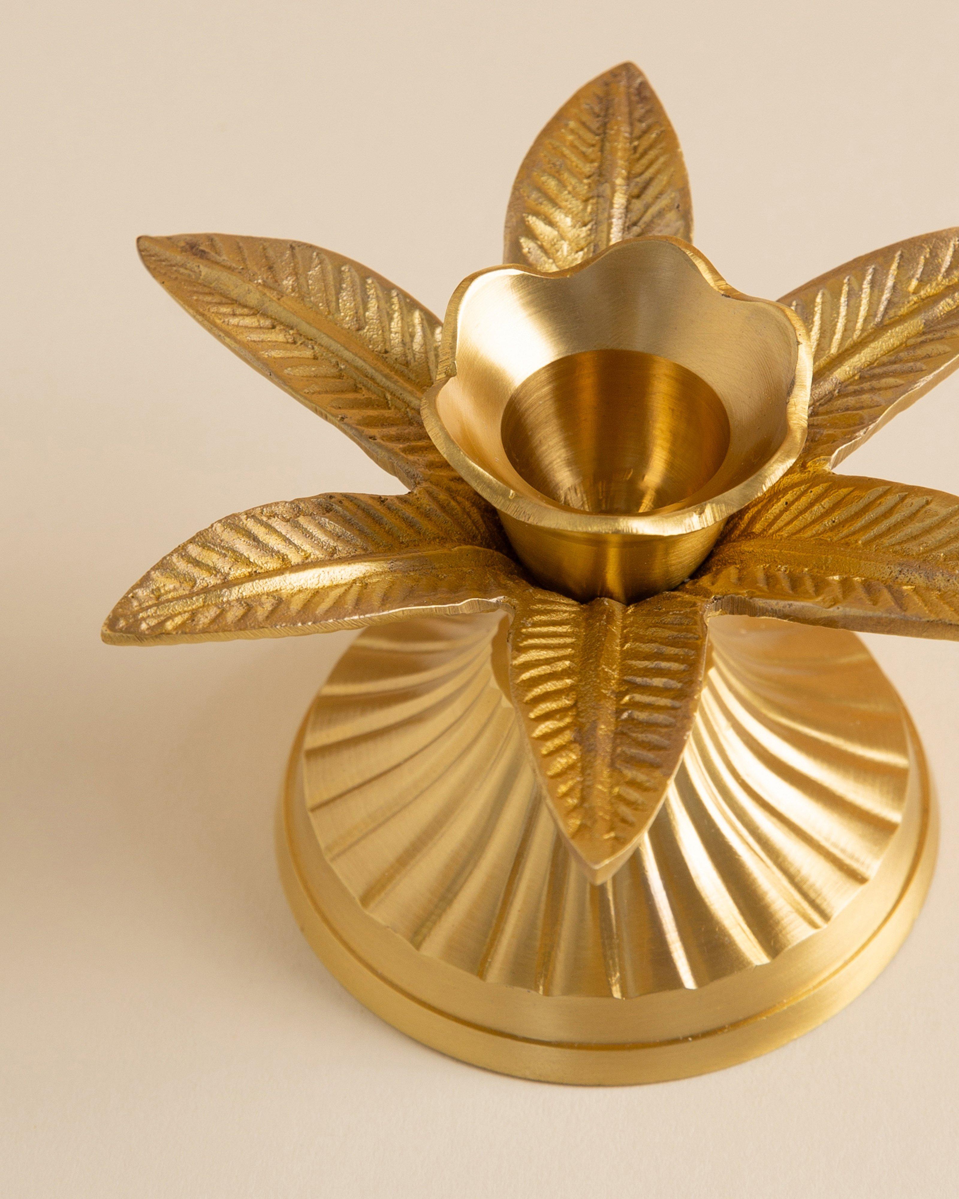 Solid Brass Short Flower Candle Stand -  Gold