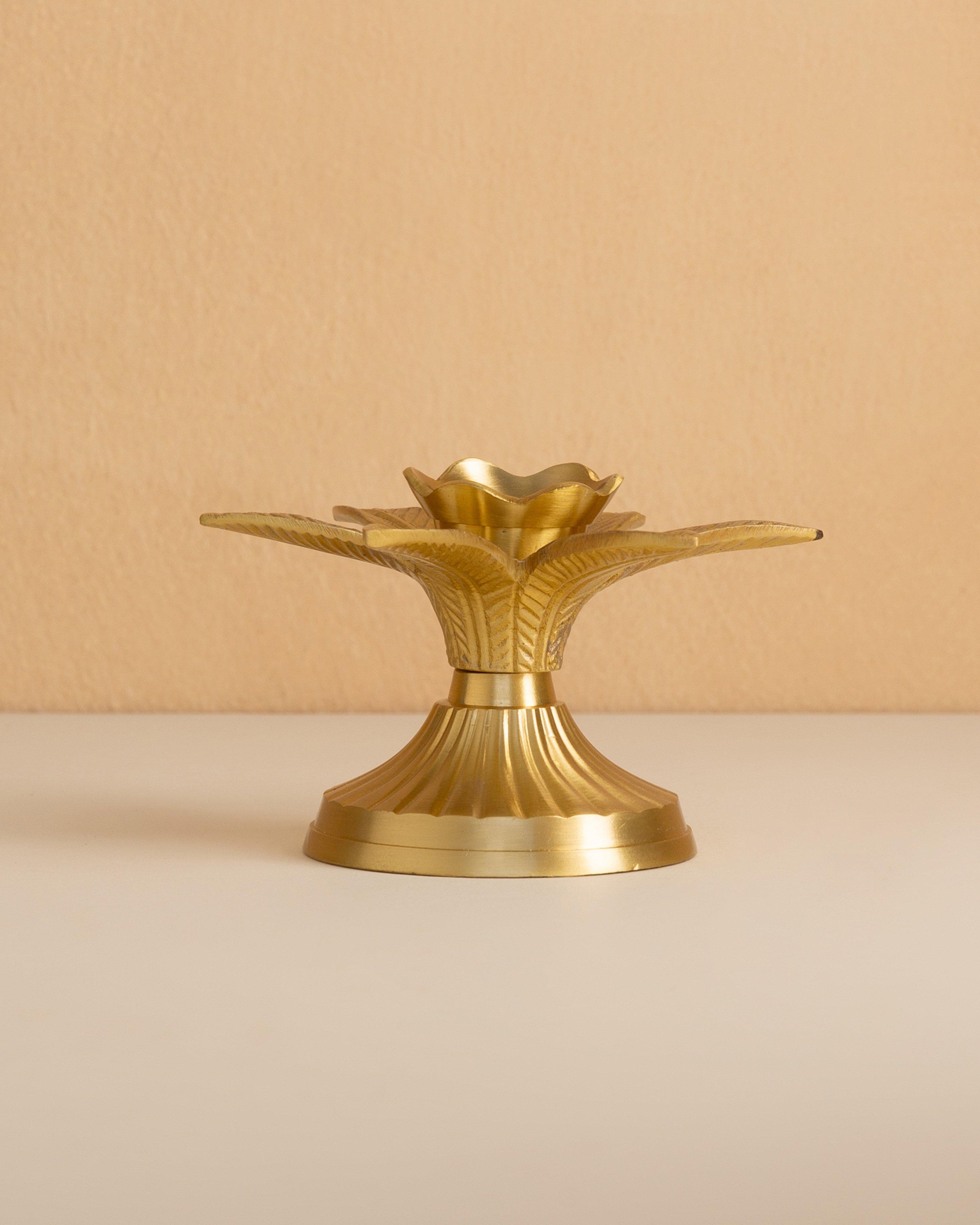 Solid Brass Short Flower Candle Stand -  Gold