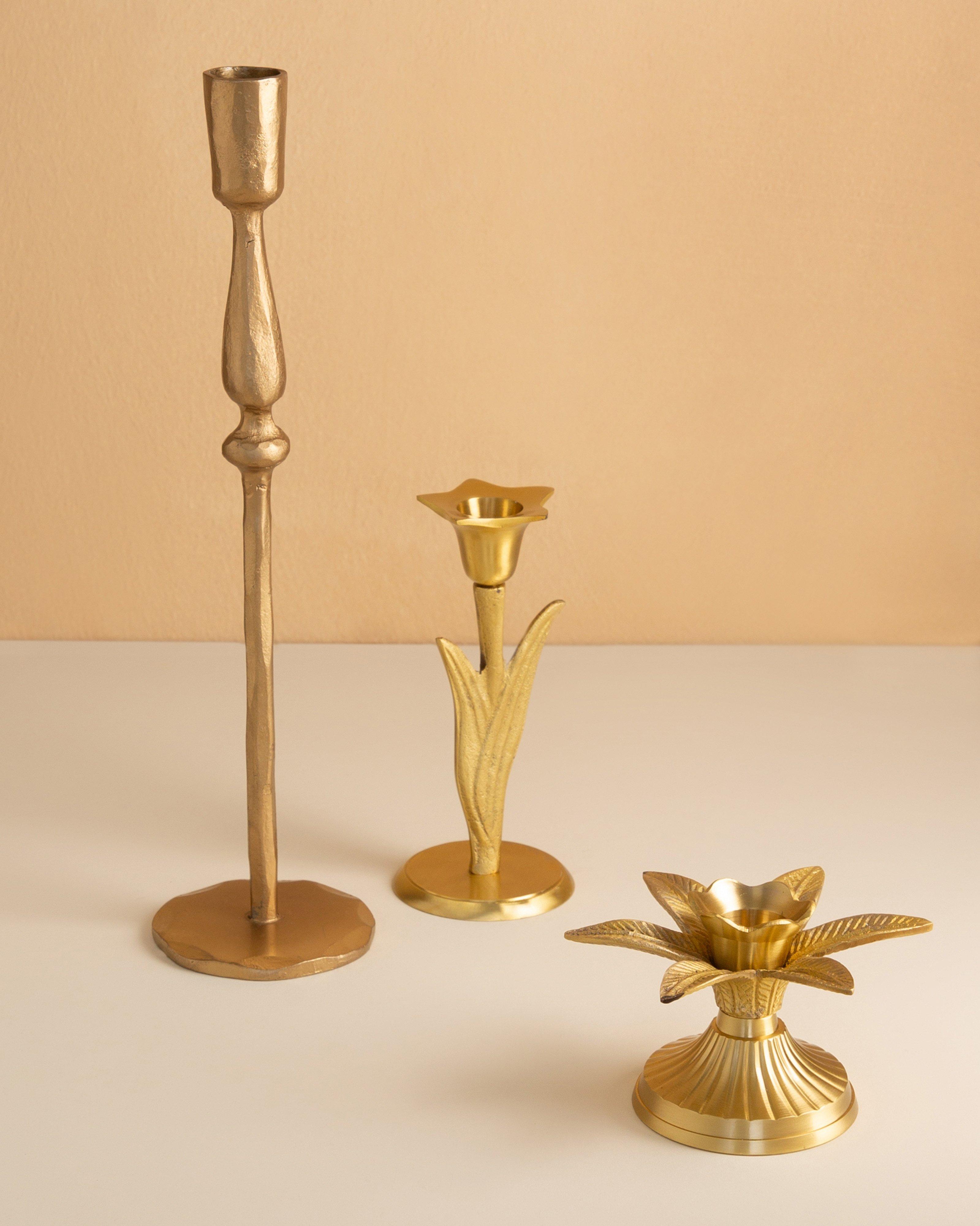 Solid Brass Short Flower Candle Stand -  Gold