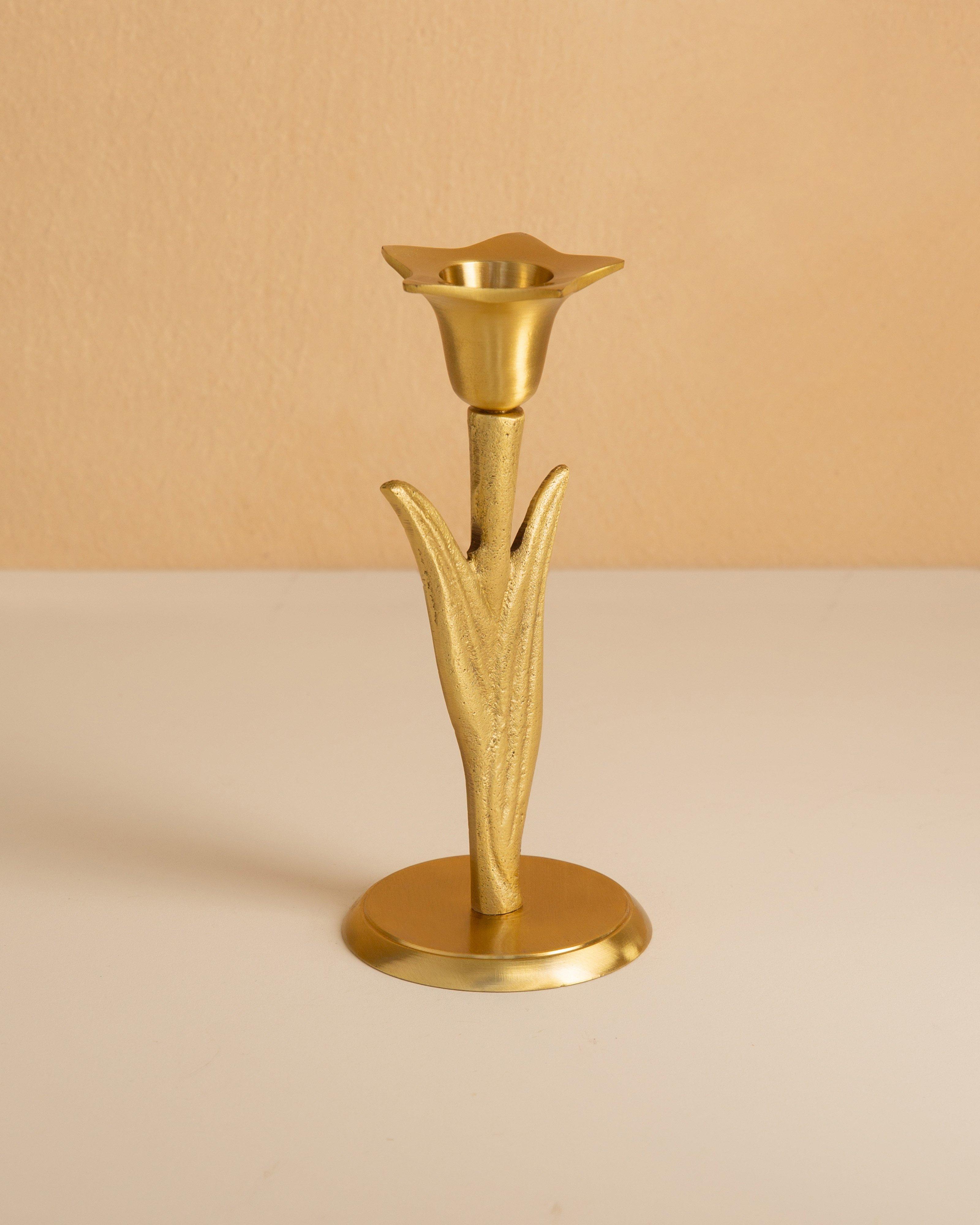 Solid Brass Tall Flower Candle Stand -  Gold