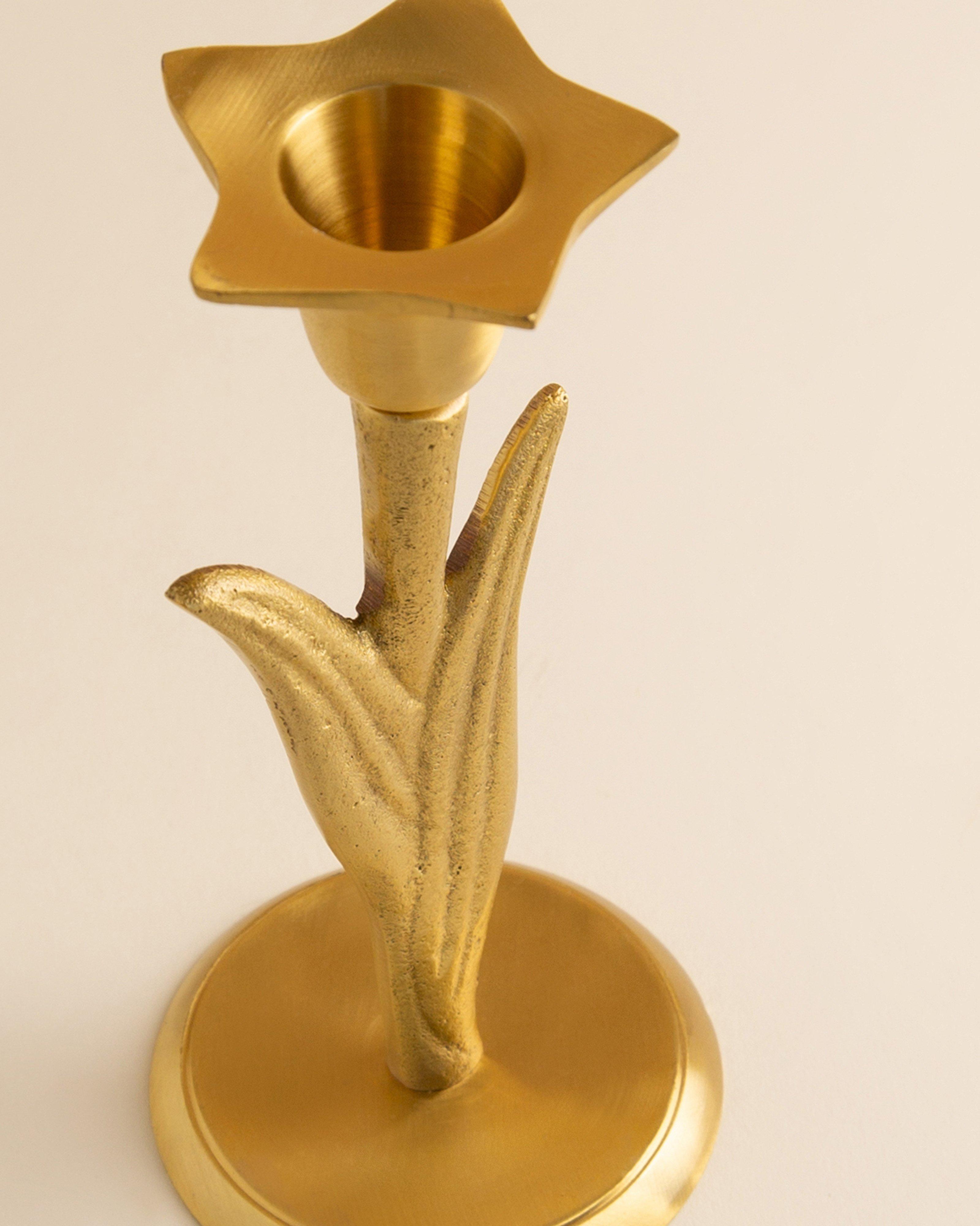 Solid Brass Tall Flower Candle Stand -  Gold