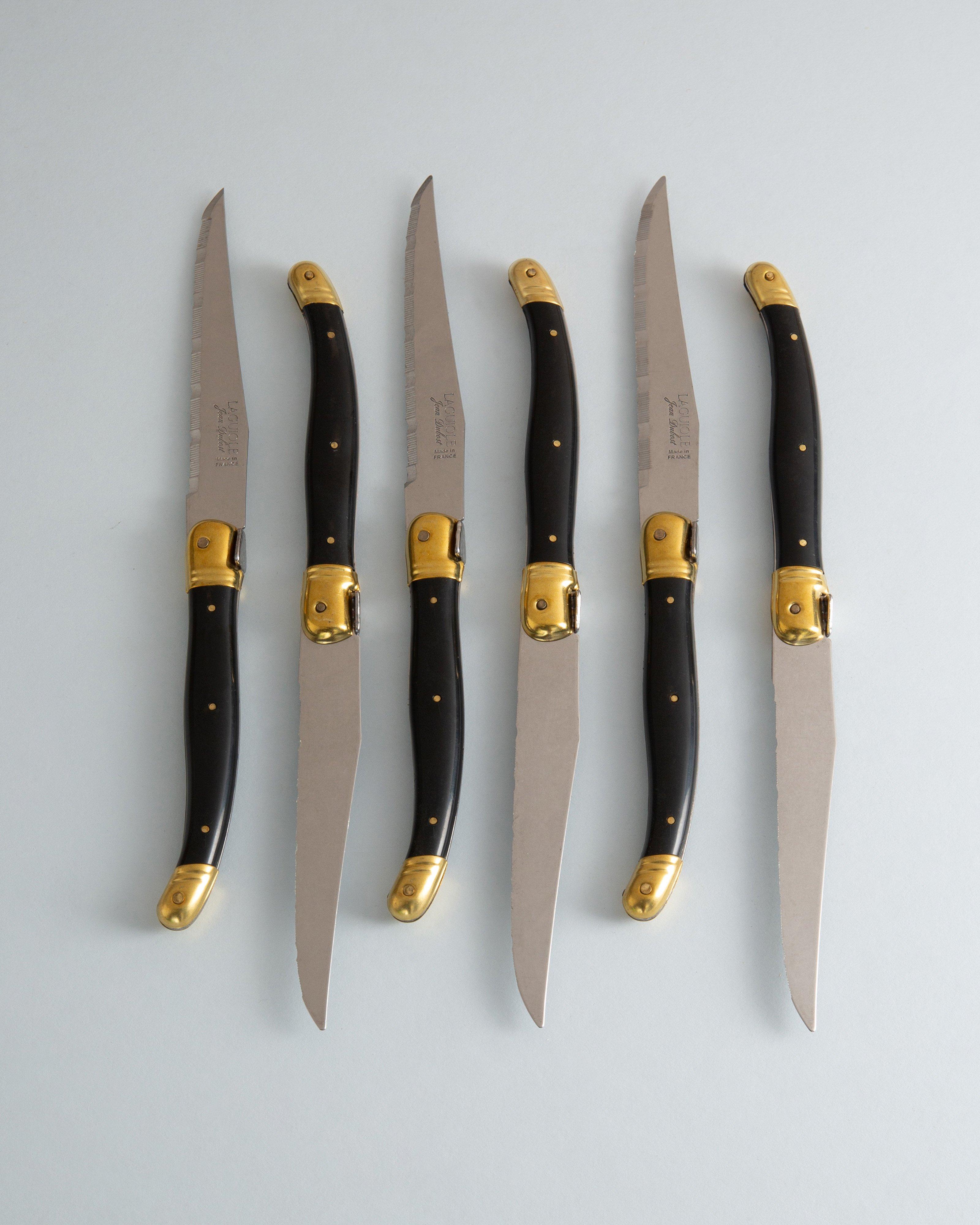 Laguiole Brass Steak Knives in a Block -  Black