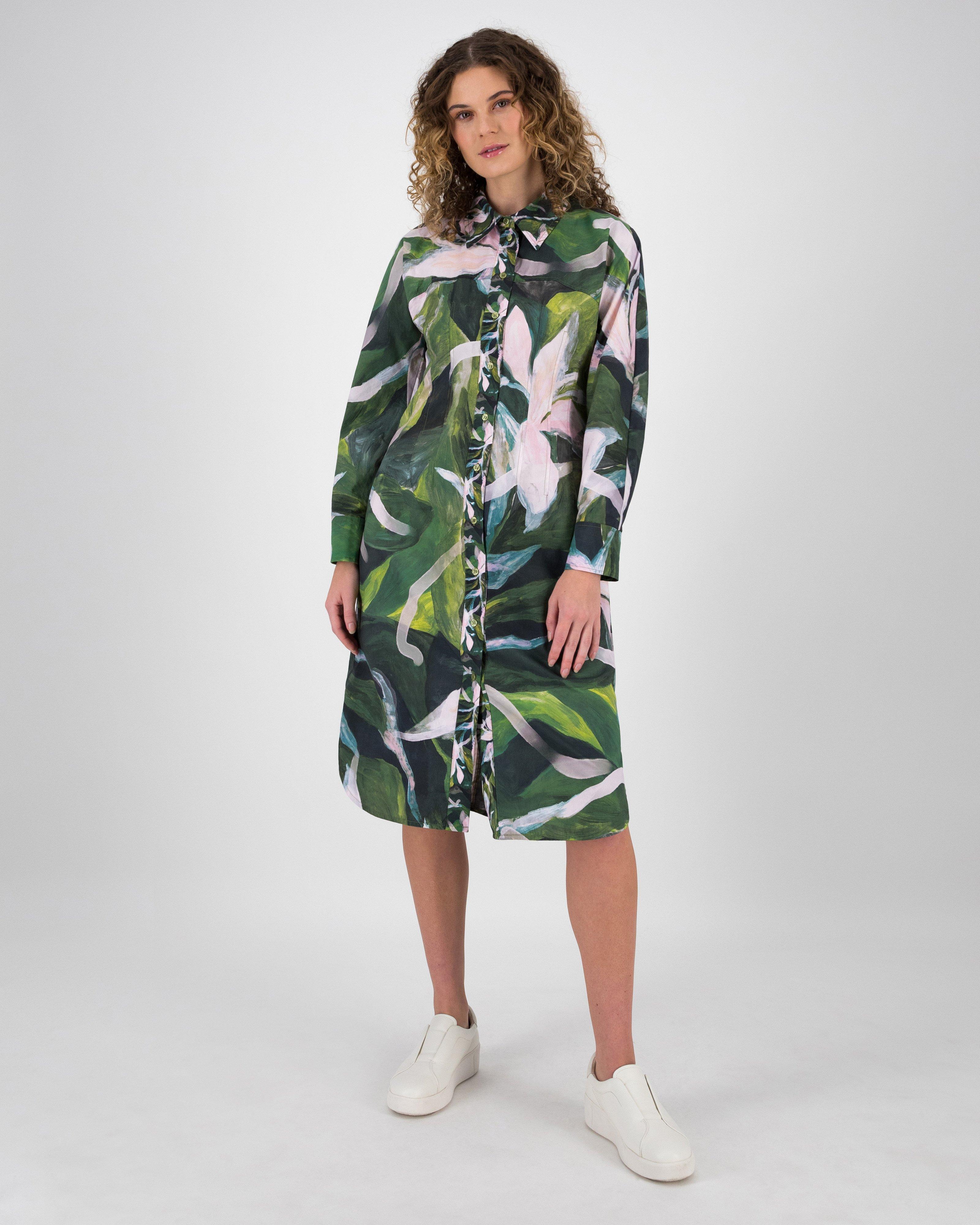 Camilla Printed Pleated Shirt Dress -  Green