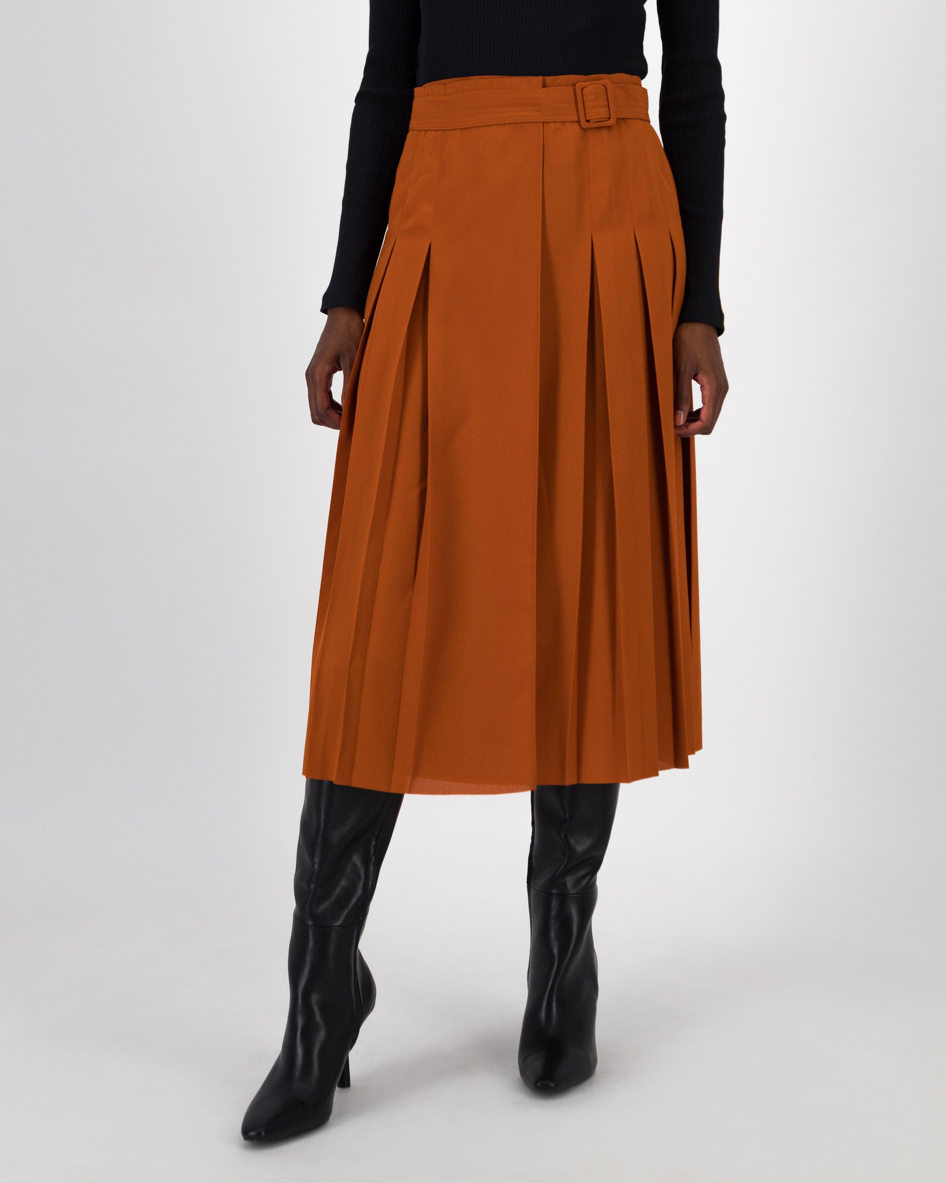 Burcu Belted Pleated Skirt -  Rust