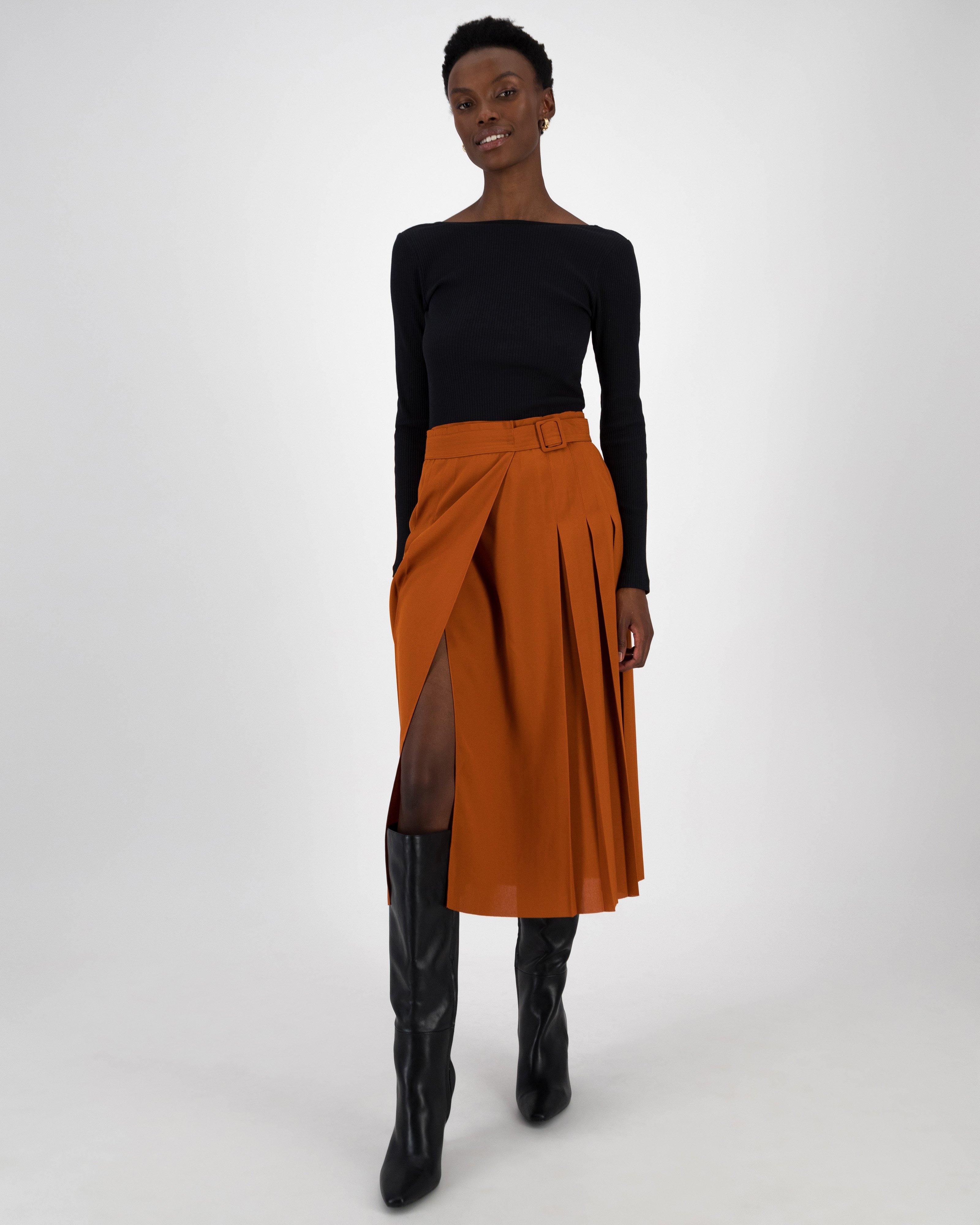 Burcu Belted Pleated Skirt -  Rust