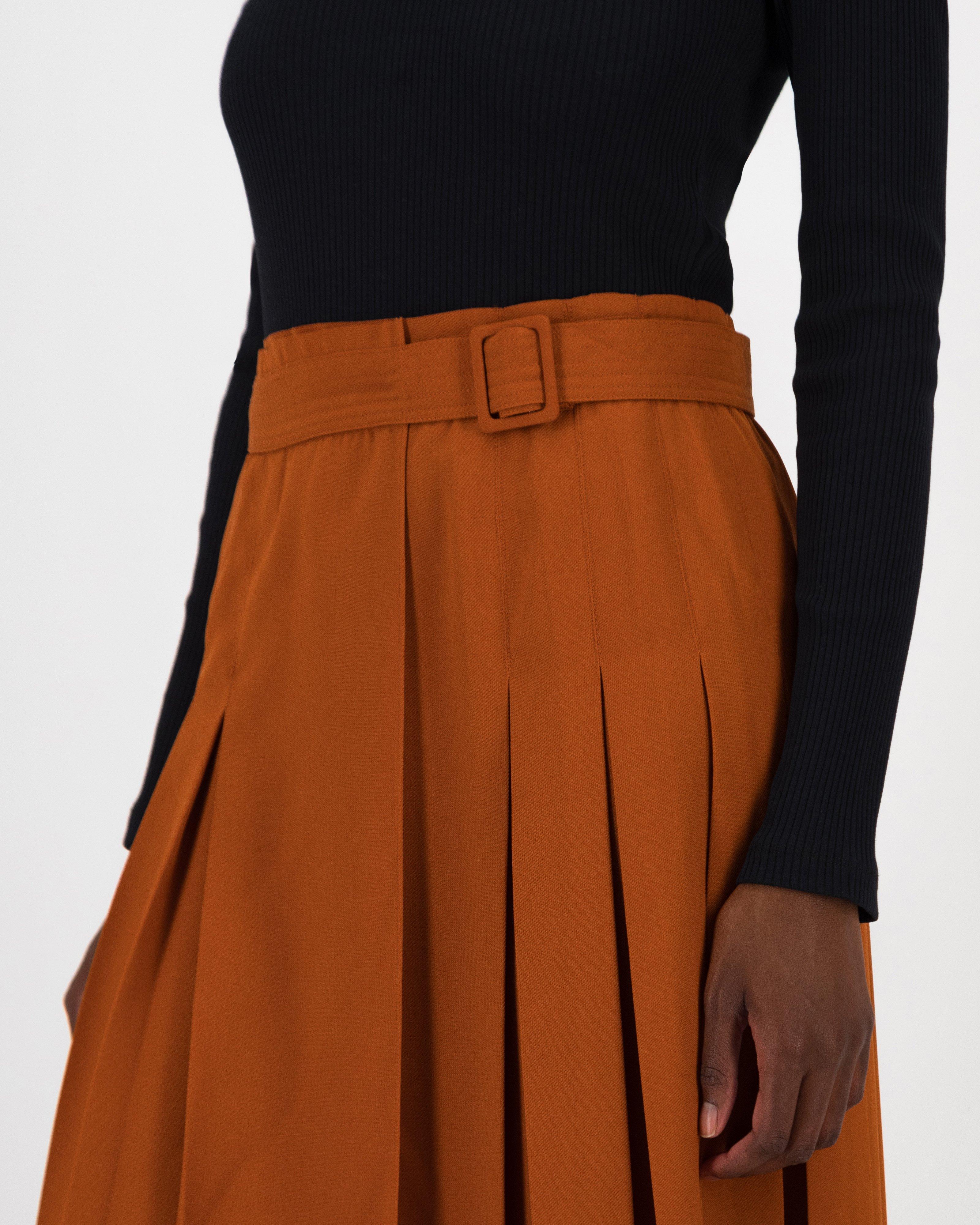 Burcu Belted Pleated Skirt -  Rust