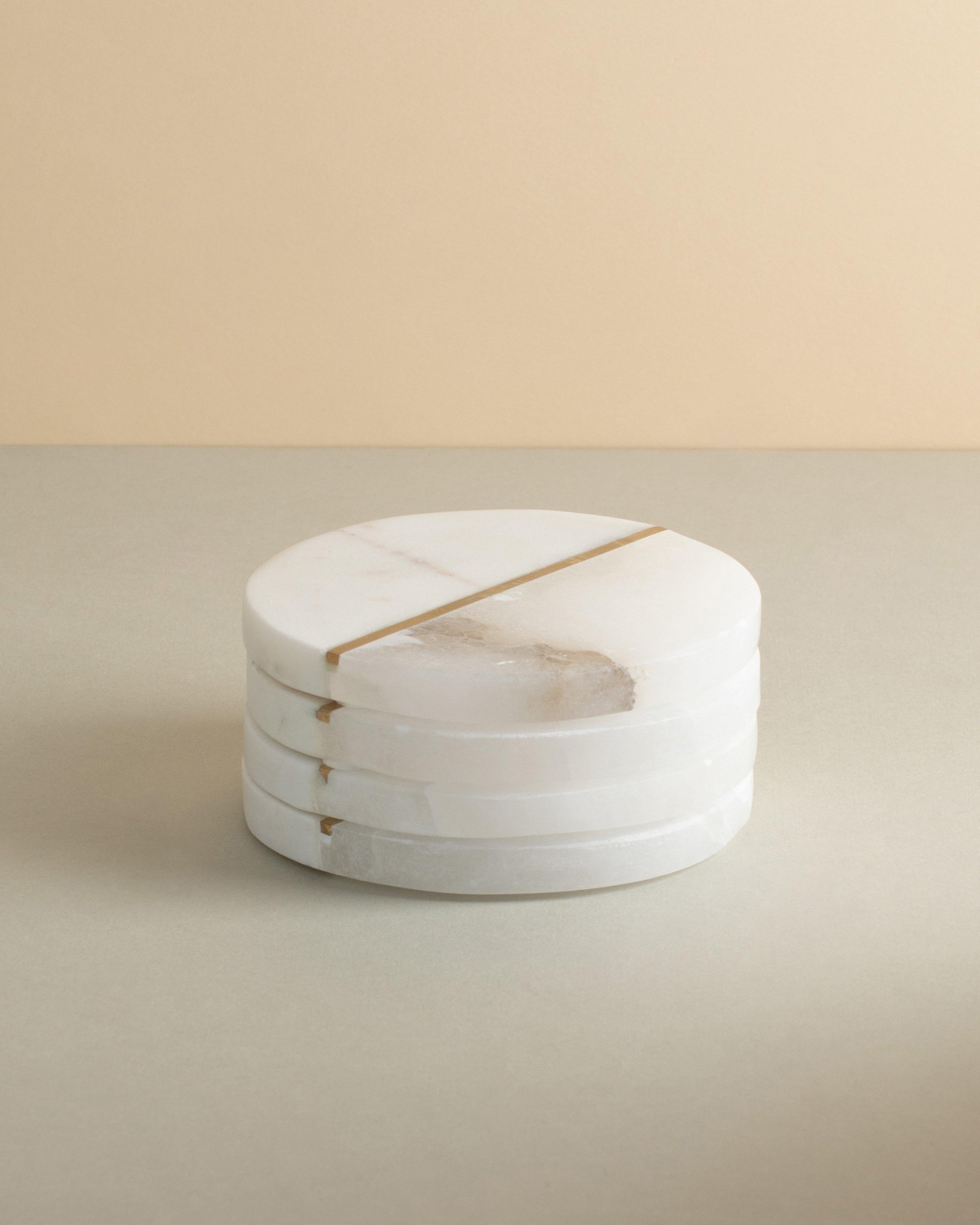 Alabaster, Brass and Marble Coaster Set -  White