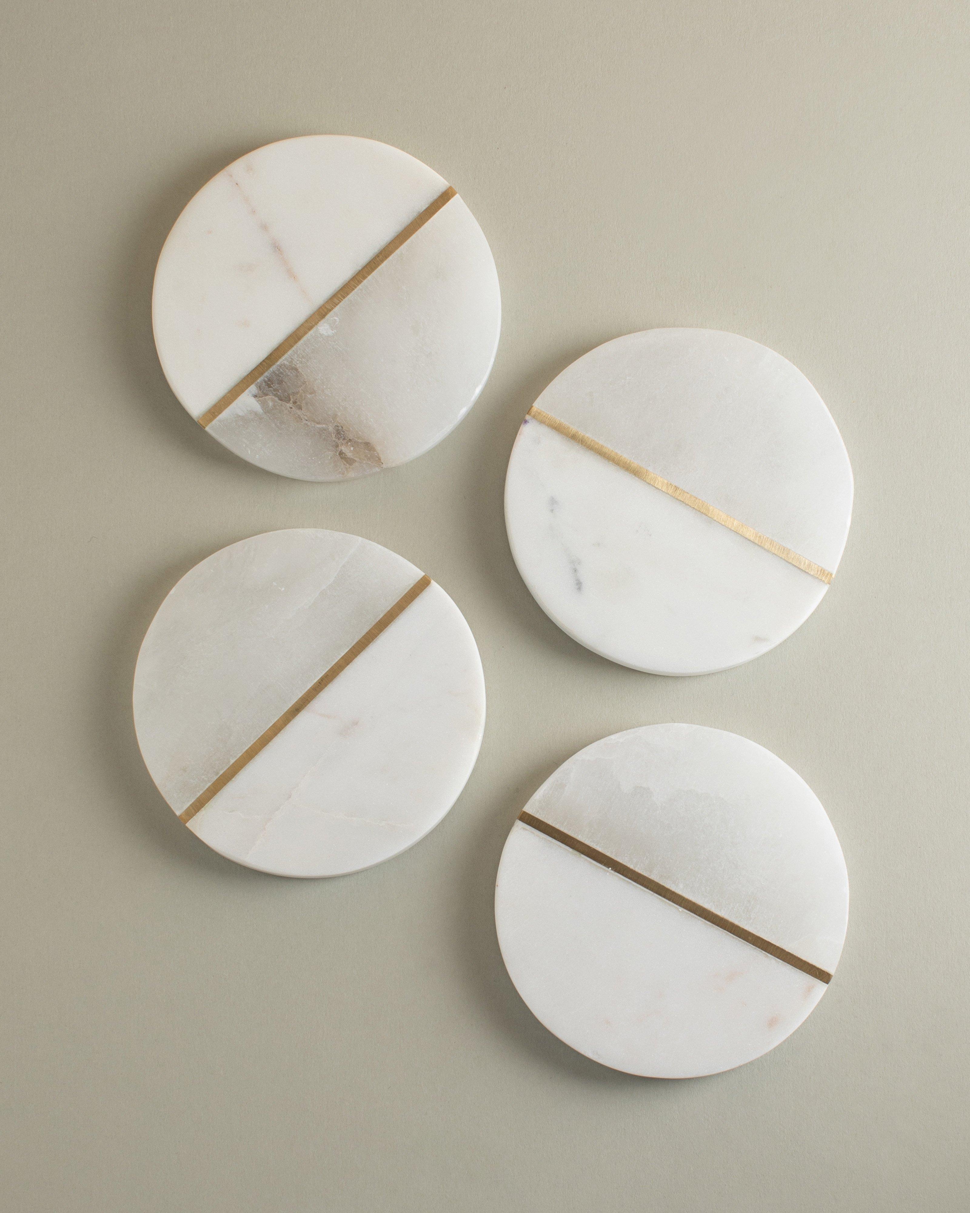 Alabaster, Brass and Marble Coaster Set -  White