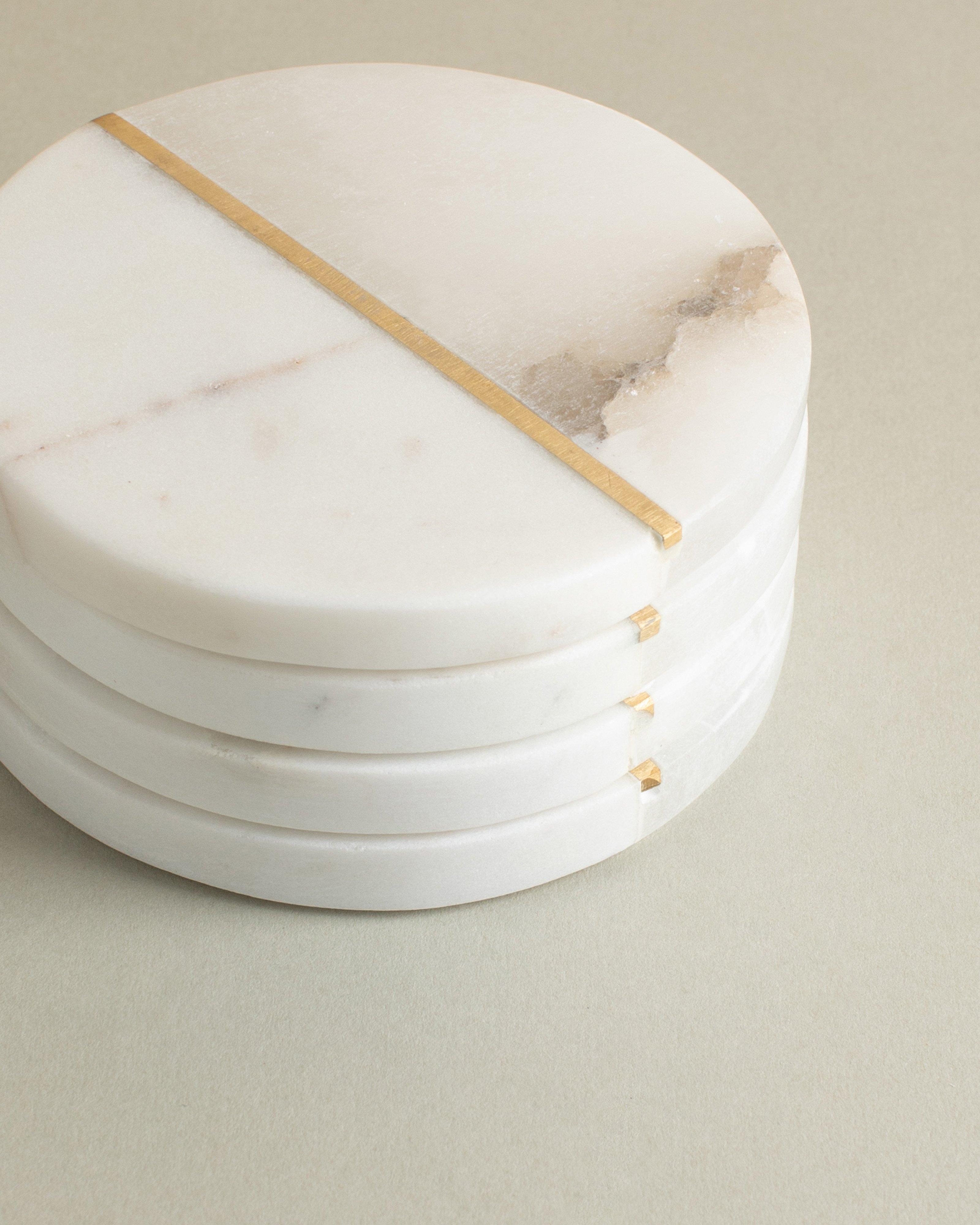 Alabaster, Brass and Marble Coaster Set -  White