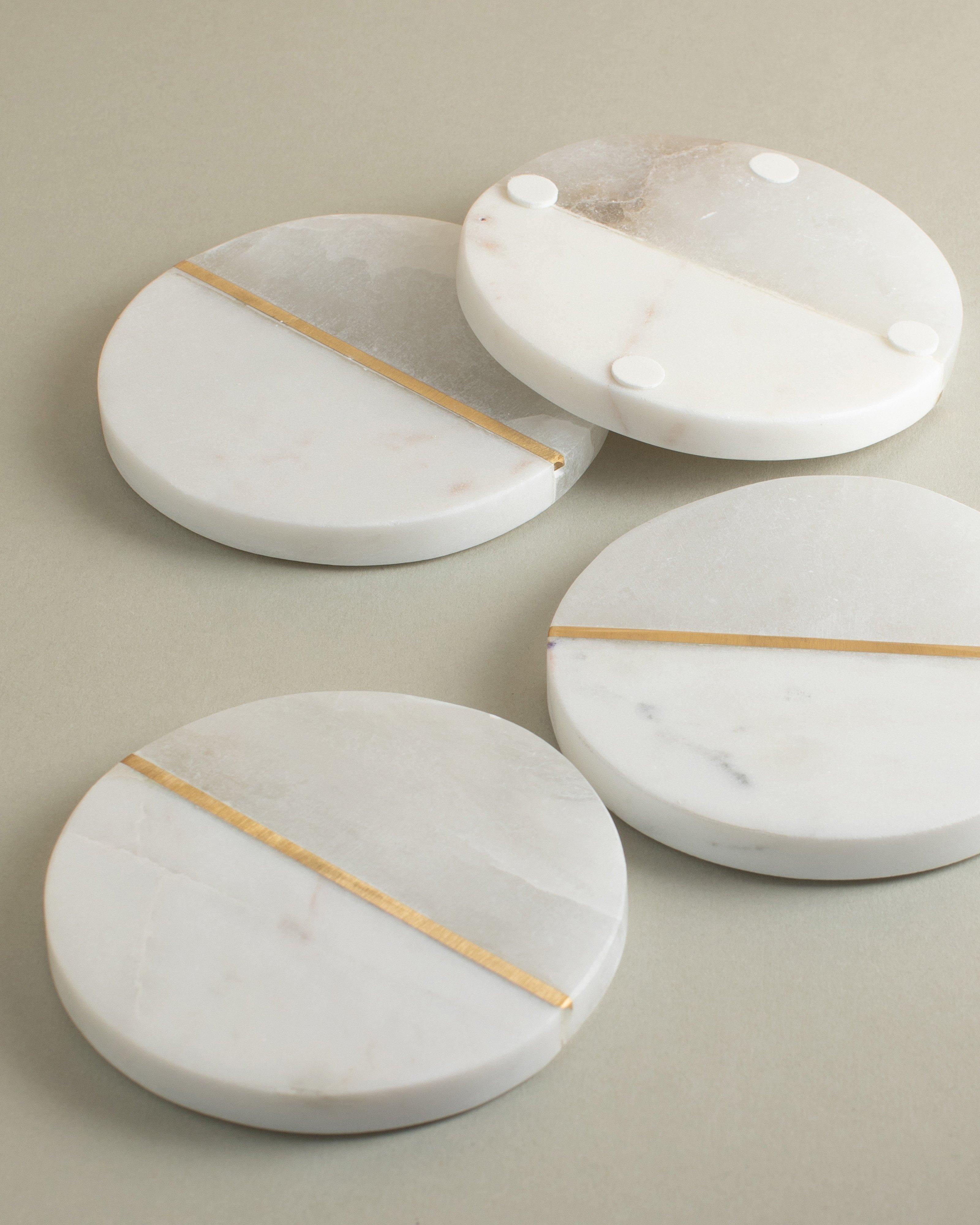 Alabaster, Brass and Marble Coaster Set -  White