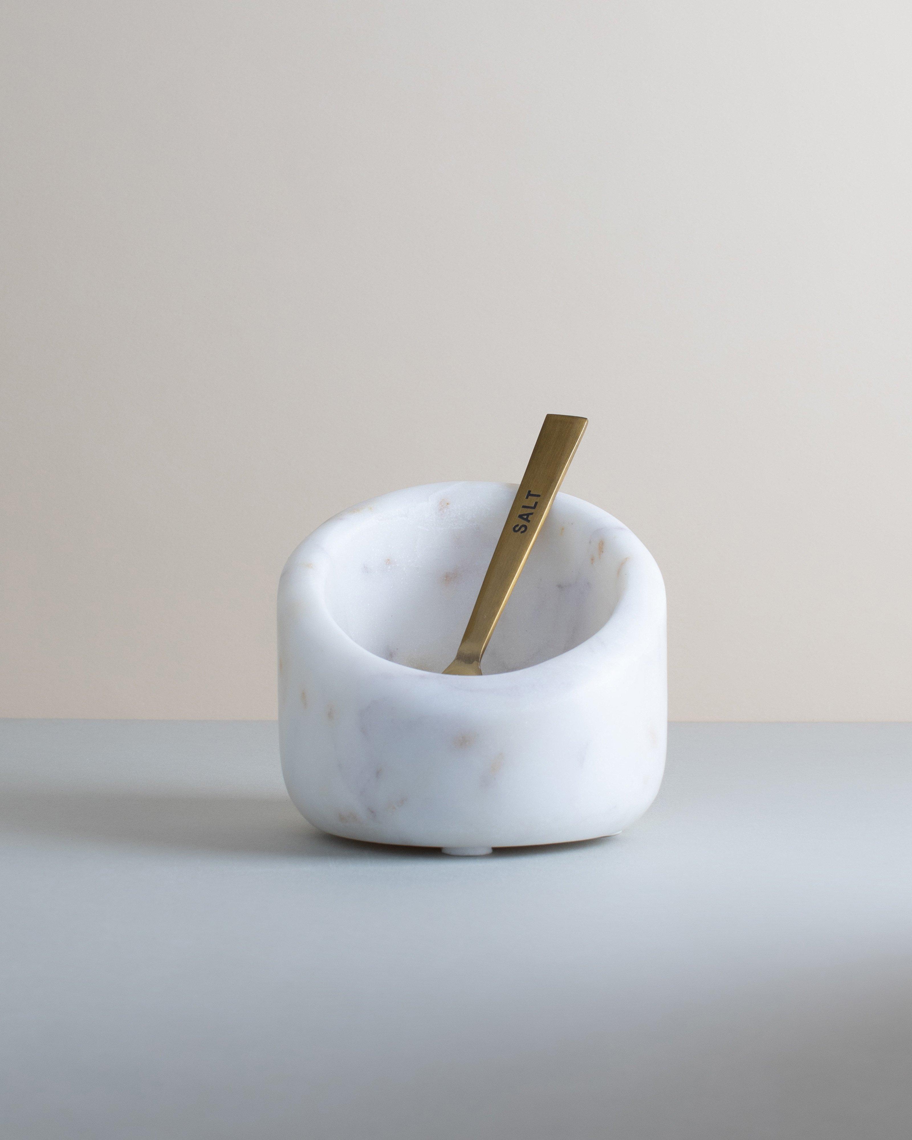 Marble and Brass Salt Pot -  White