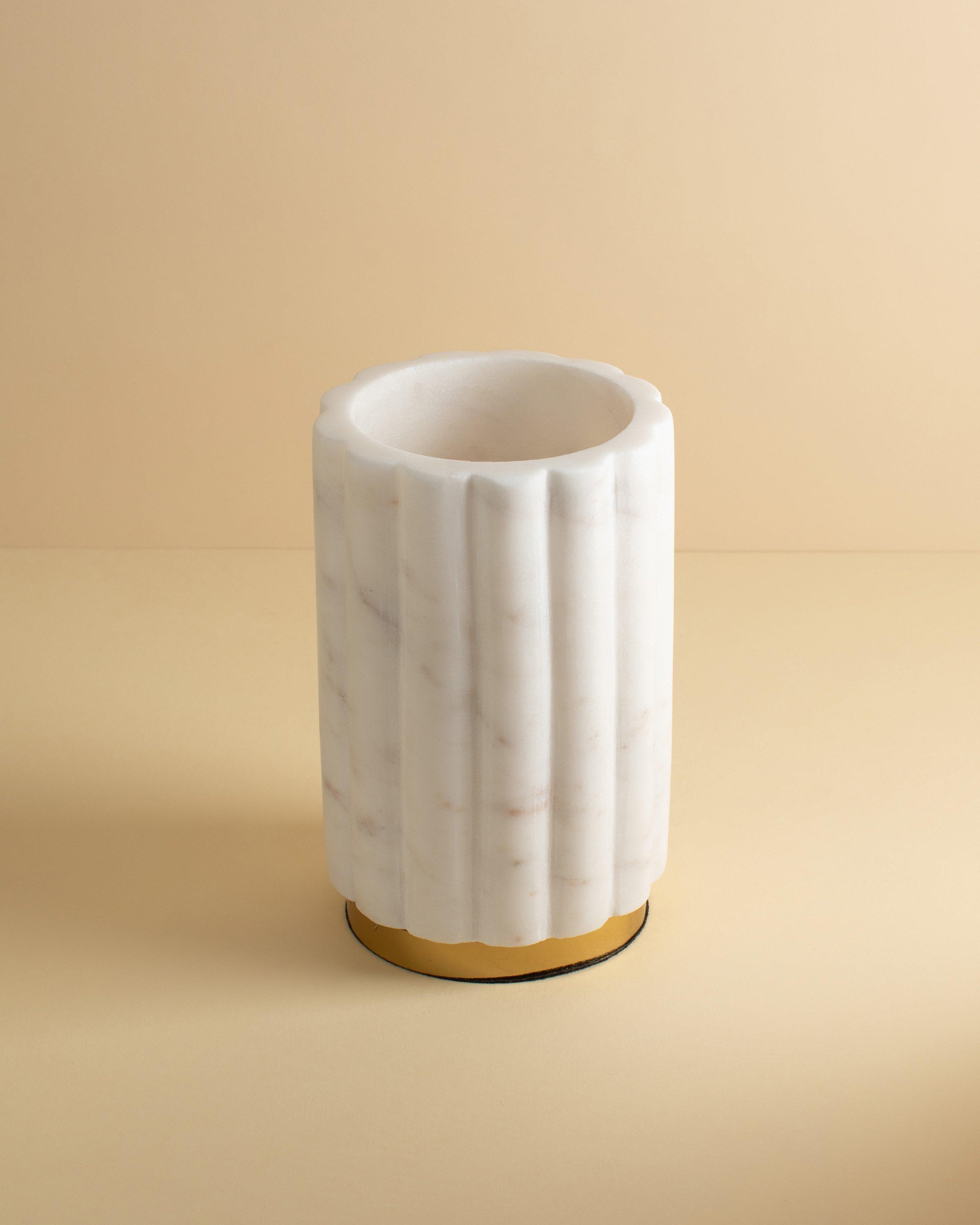 Ribbed Marble and Brass Utensil Holder -  White