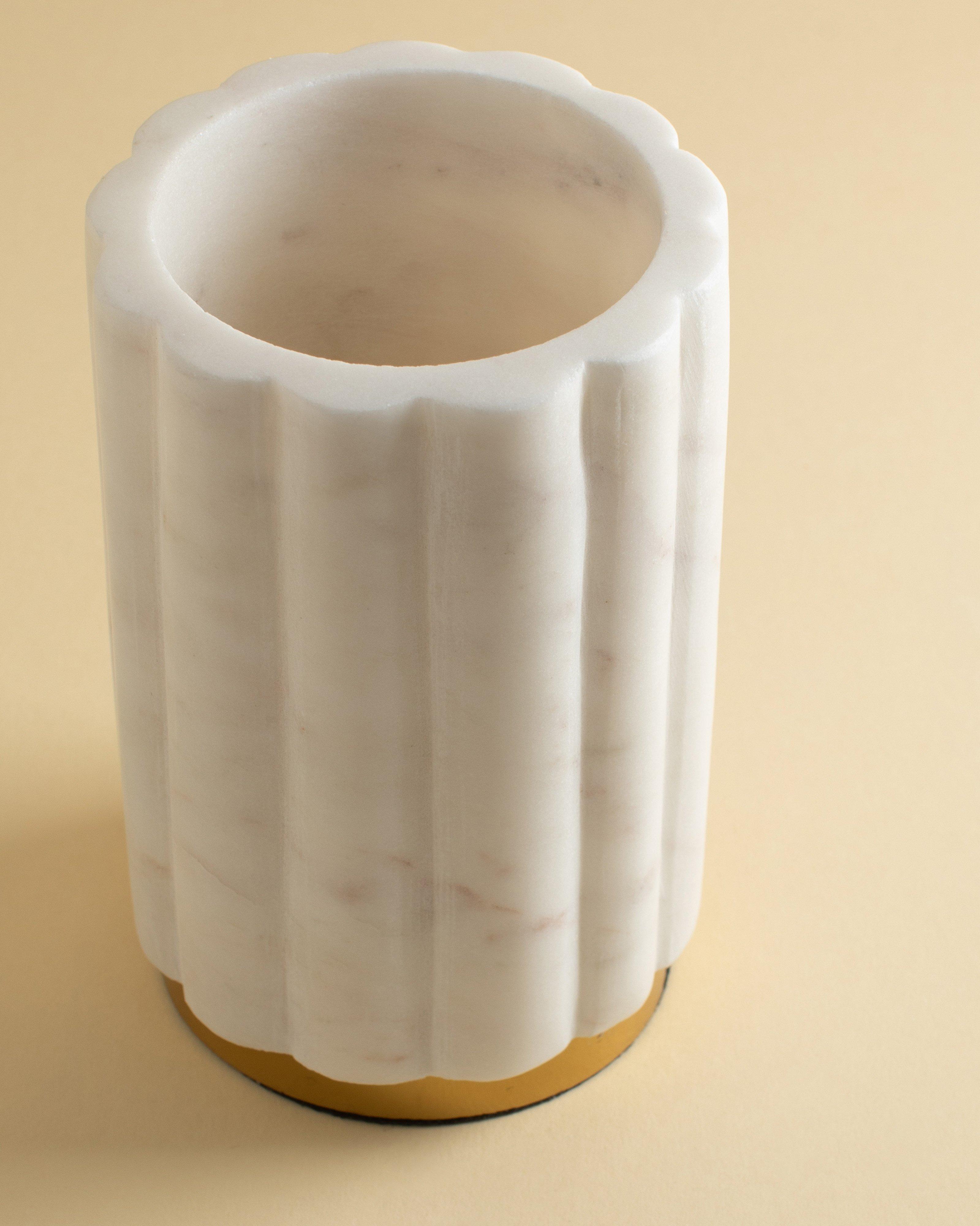 Ribbed Marble and Brass Utensil Holder -  White